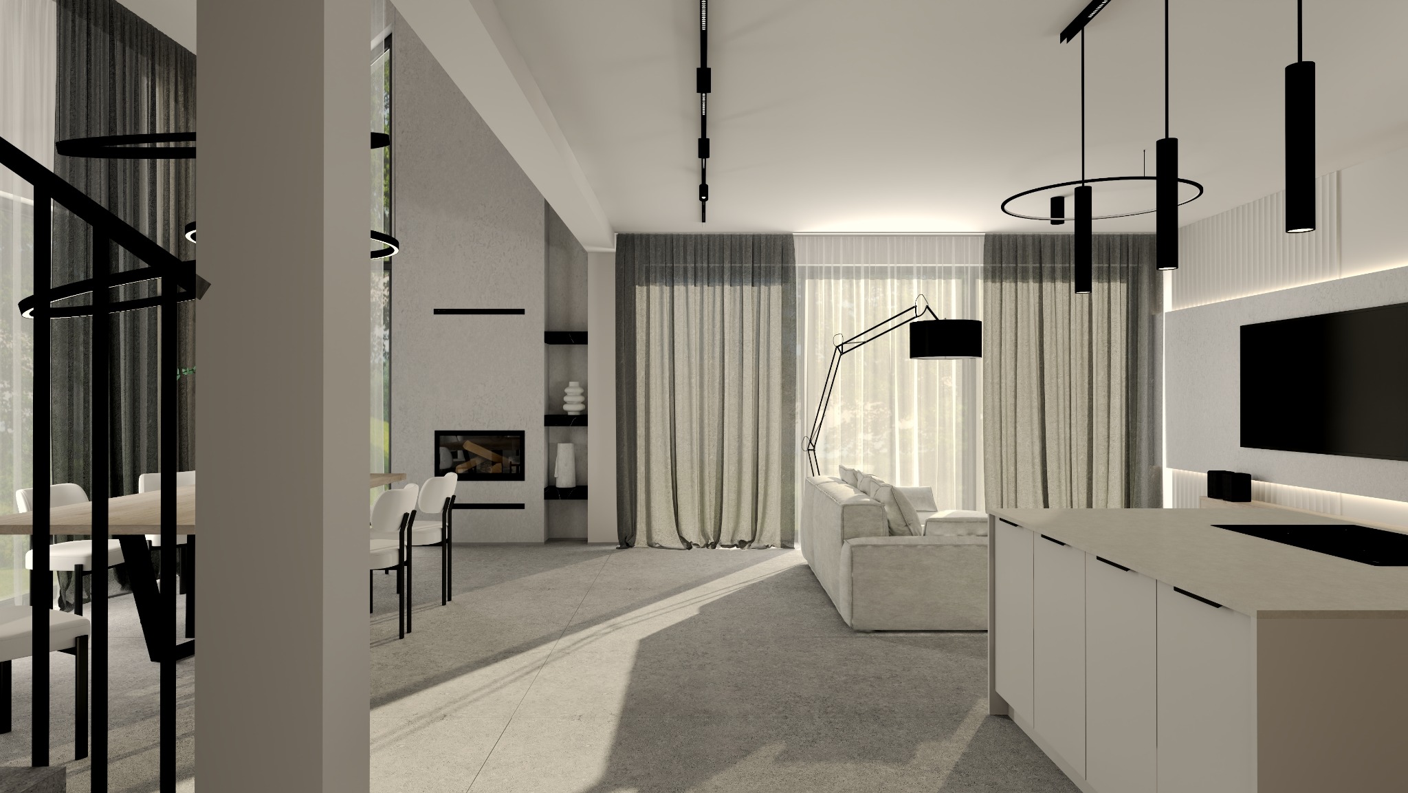 Nowoczesny salon z otwartą kuchnią: białe meble, szara sofa, minimalistyczne lampy, kominek i duże okna z zasłonami. Neutralna kolorystyka i geometryczne detale.