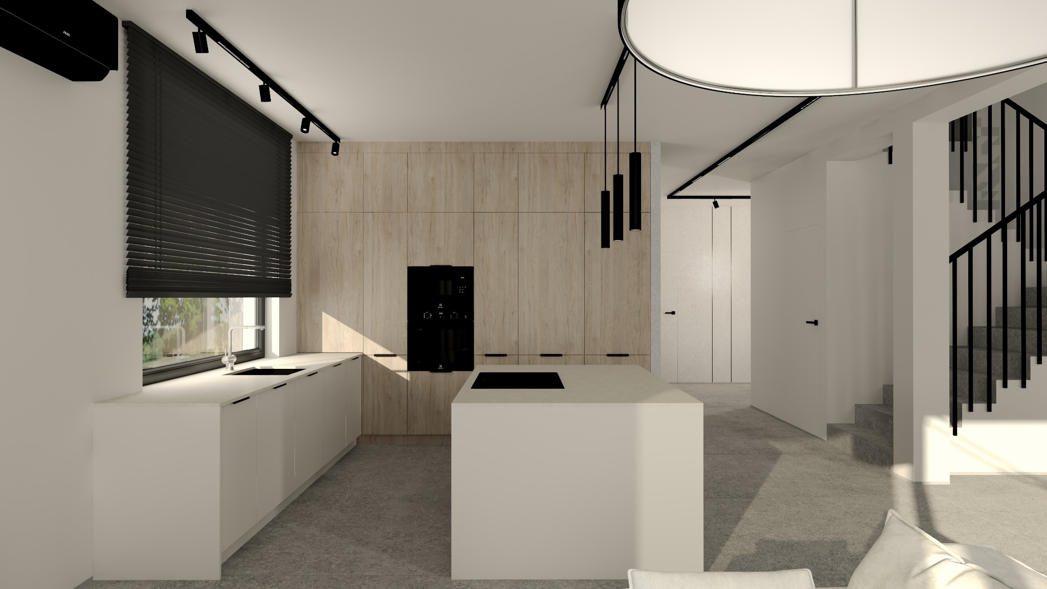 Nowoczesna kuchnia z wyspą, jasne drewno, czarne akcenty (żaluzje, oświetlenie), minimalistyczny design, schody w tle. Realizacja projektu aranżacji wnętrz.