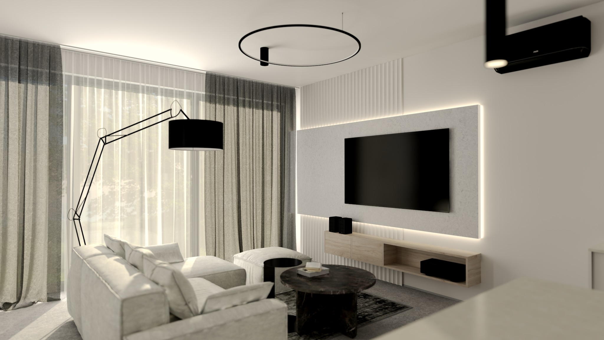 Nowoczesny salon z szarą sofą, lampą podłogową, okrągłym stolikiem kawowym i telewizorem na ścianie z podświetleniem LED. Minimalistyczny design wnętrza.