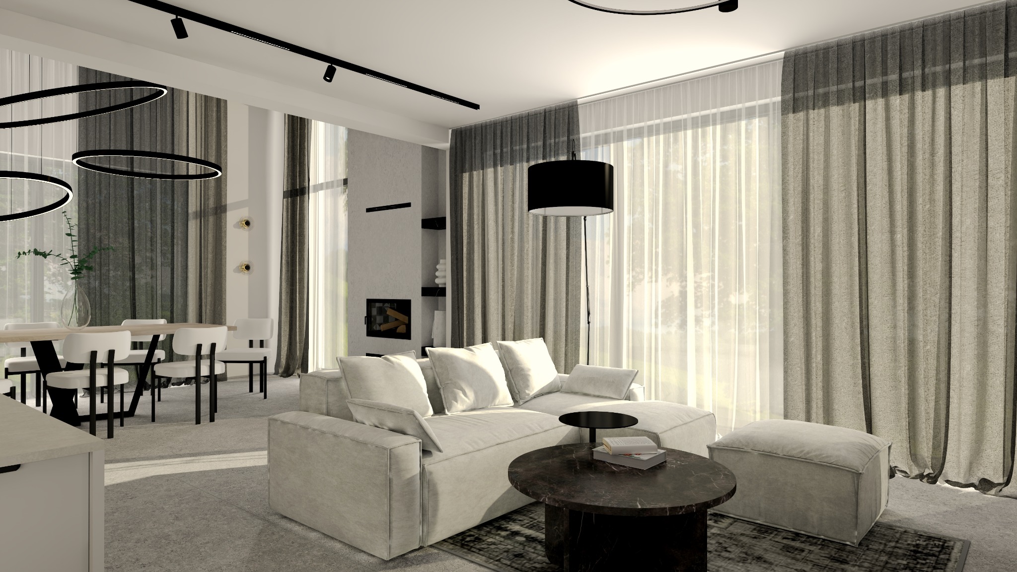 Jasne wnętrze: sofa z poduchami, stolik kawowy i lampa stojąca na tle okna z zasłonami. W tle stół z krzesłami i dekoracyjny kominek.