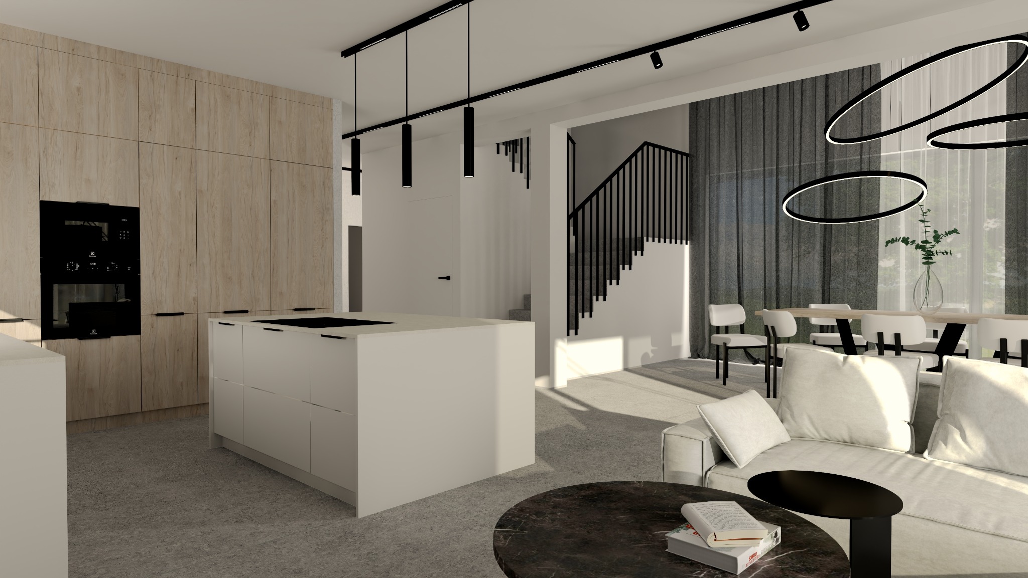 Wnętrze domu: minimalistyczna kuchnia z wyspą, drewniane szafki, czarne oświetlenie. W tle jadalnia z okrągłym stołem i schody. Nowoczesny design, neutralna kolorystyka.