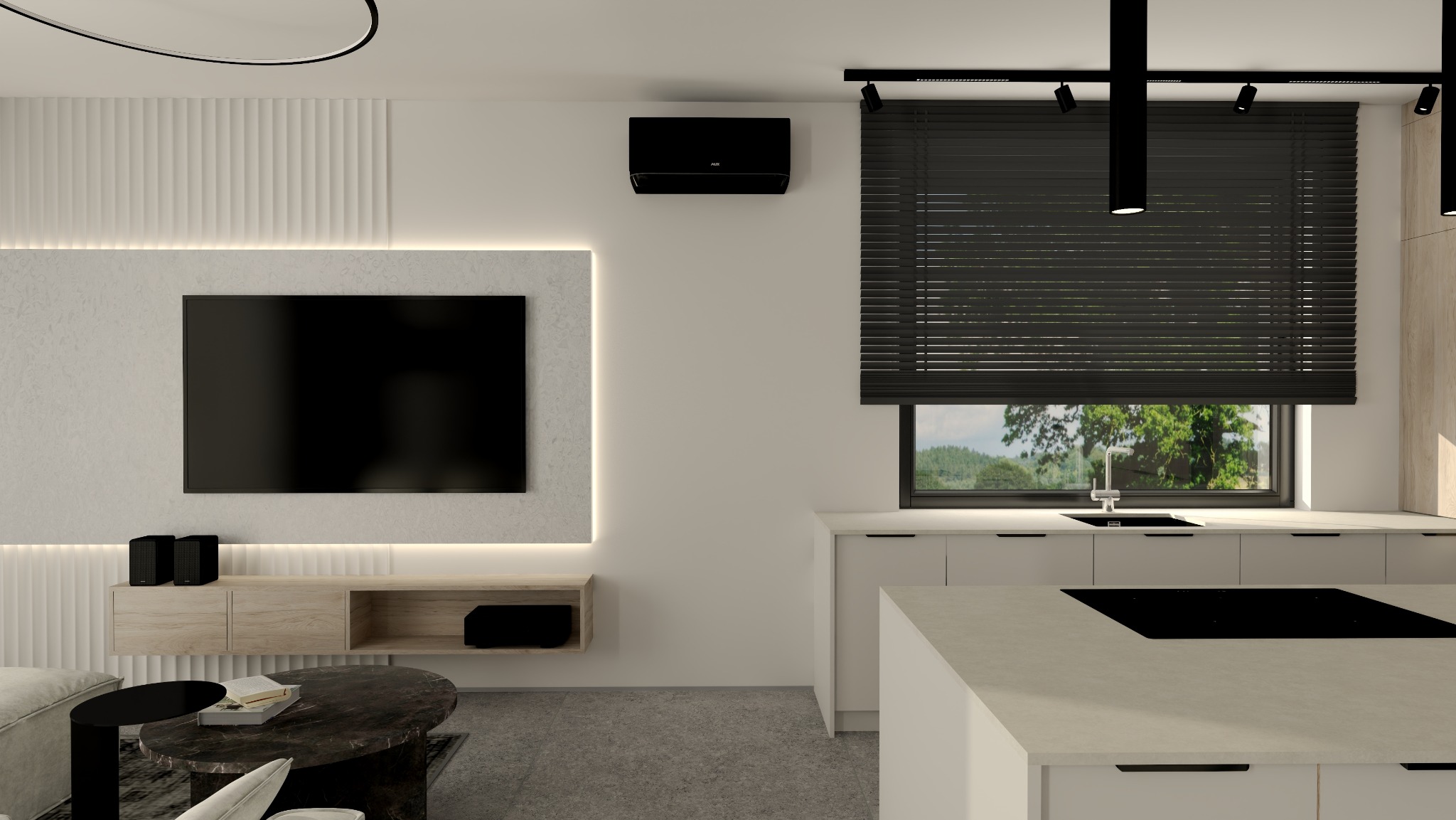 Nowoczesne wnętrze: minimalistyczny salon z aneksem kuchennym. Jasne ściany, telewizor z podświetleniem LED, czarne rolety i klimatyzator. Elementy drewniane i kamienny stolik.