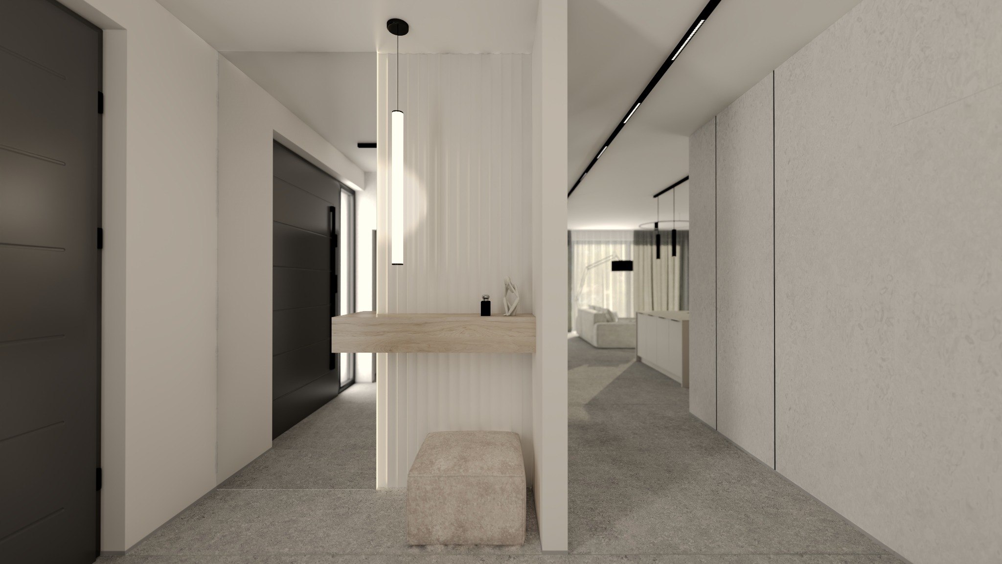 Nowoczesny przedpokój w odcieniach szarości i bieli z drewnianą konsolą, oświetleniem LED i pufą. Widok na salon z sofą i lampą podłogową.
