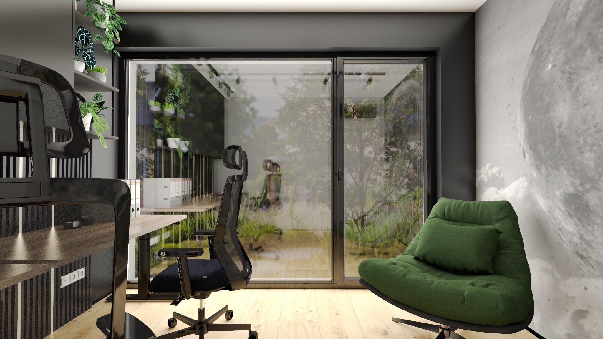 Nowoczesne biuro z regulowanym biurkiem, ergonomicznym krzesłem i widokiem na ogród przez duże okno. Ściana z motywem księżyca i zielony fotel dodają charakteru.