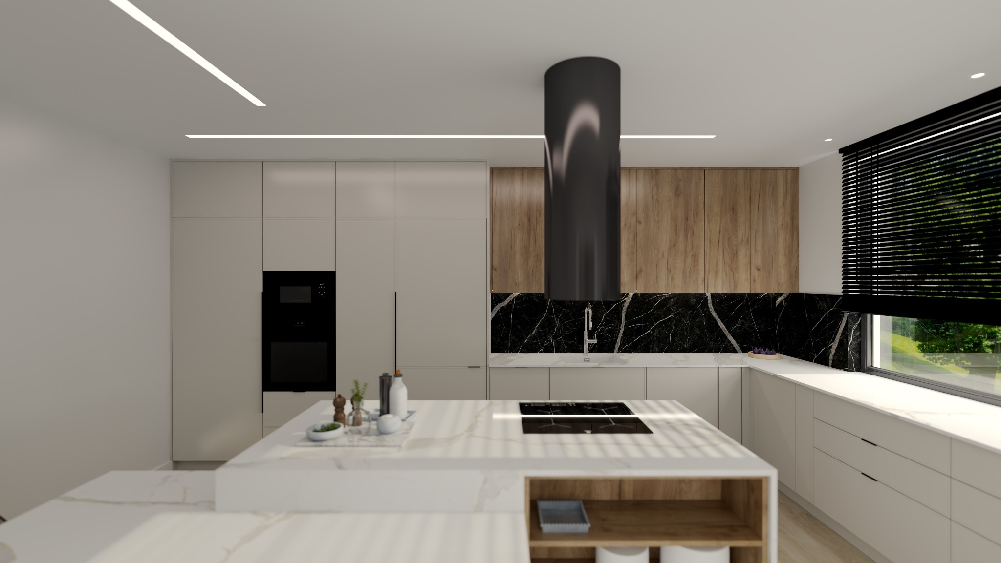 Nowoczesna kuchnia z wyspą i czarnym okapem cylindrycznym. Blat z marmuru, drewniane akcenty i duże okno z żaluzjami tworzą elegancką przestrzeń.