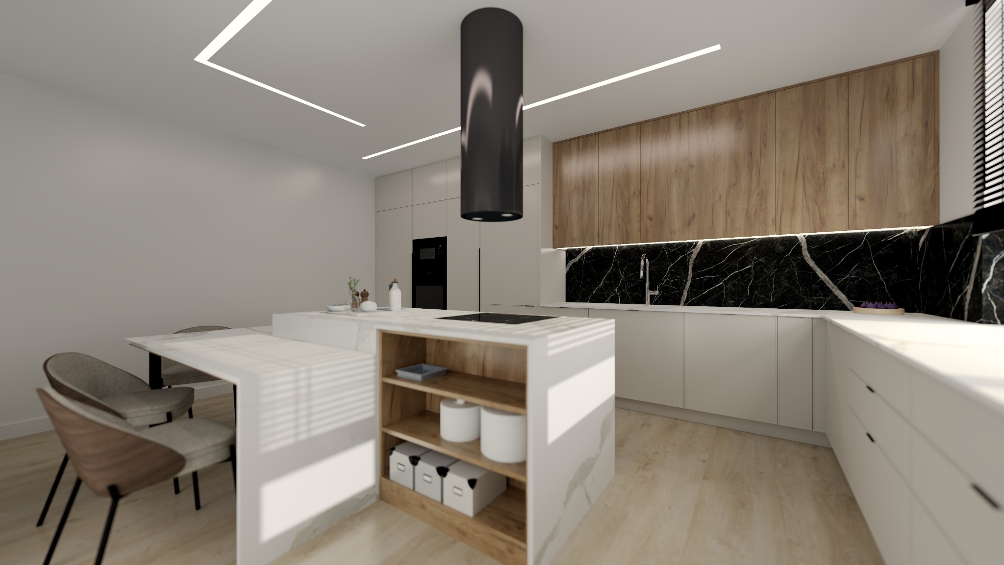 Nowoczesna kuchnia z wyspą i czarnym okapem cylindrycznym na tle drewnianej ściany i marmurowego blatu. Minimalistyczny design z oświetleniem LED.