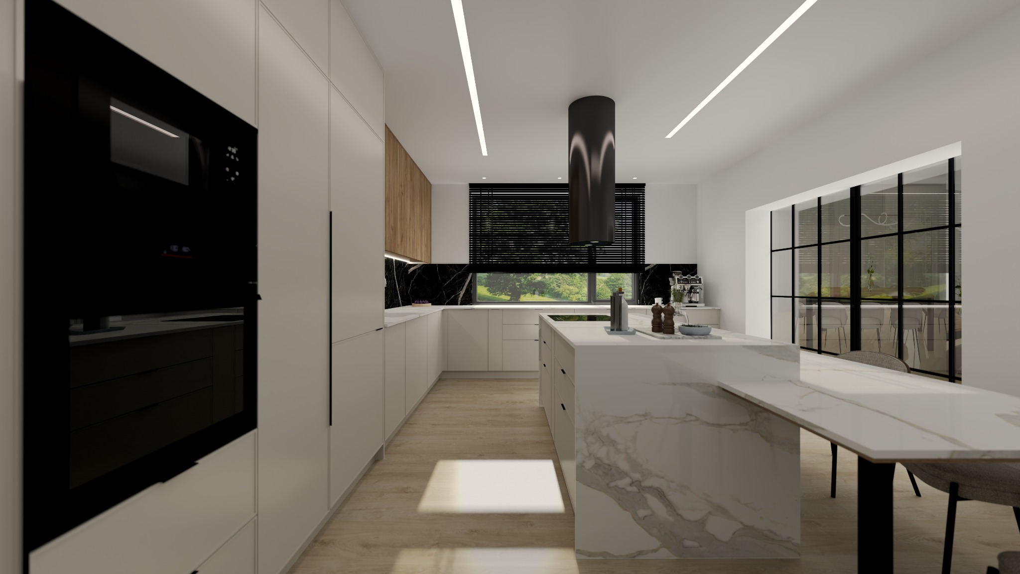 Nowoczesna kuchnia z wyspą i marmurowym blatem, czarne akcenty, minimalistyczne oświetlenie sufitowe, duże okno z widokiem na zieleń, zabudowa kuchenna w bieli.