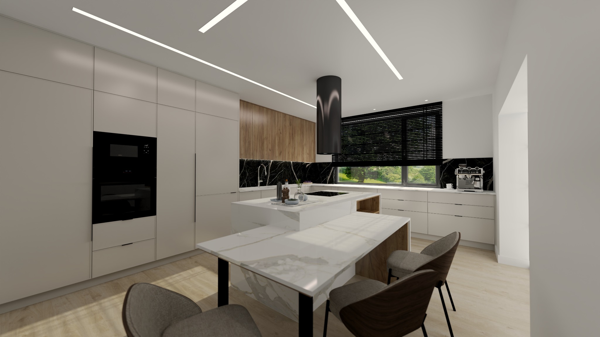 Nowoczesna, jasna kuchnia z wyspą i marmurowym blatem. Minimalistyczne szafki, czarny okap cylindryczny i duże okno z widokiem na zieleń.