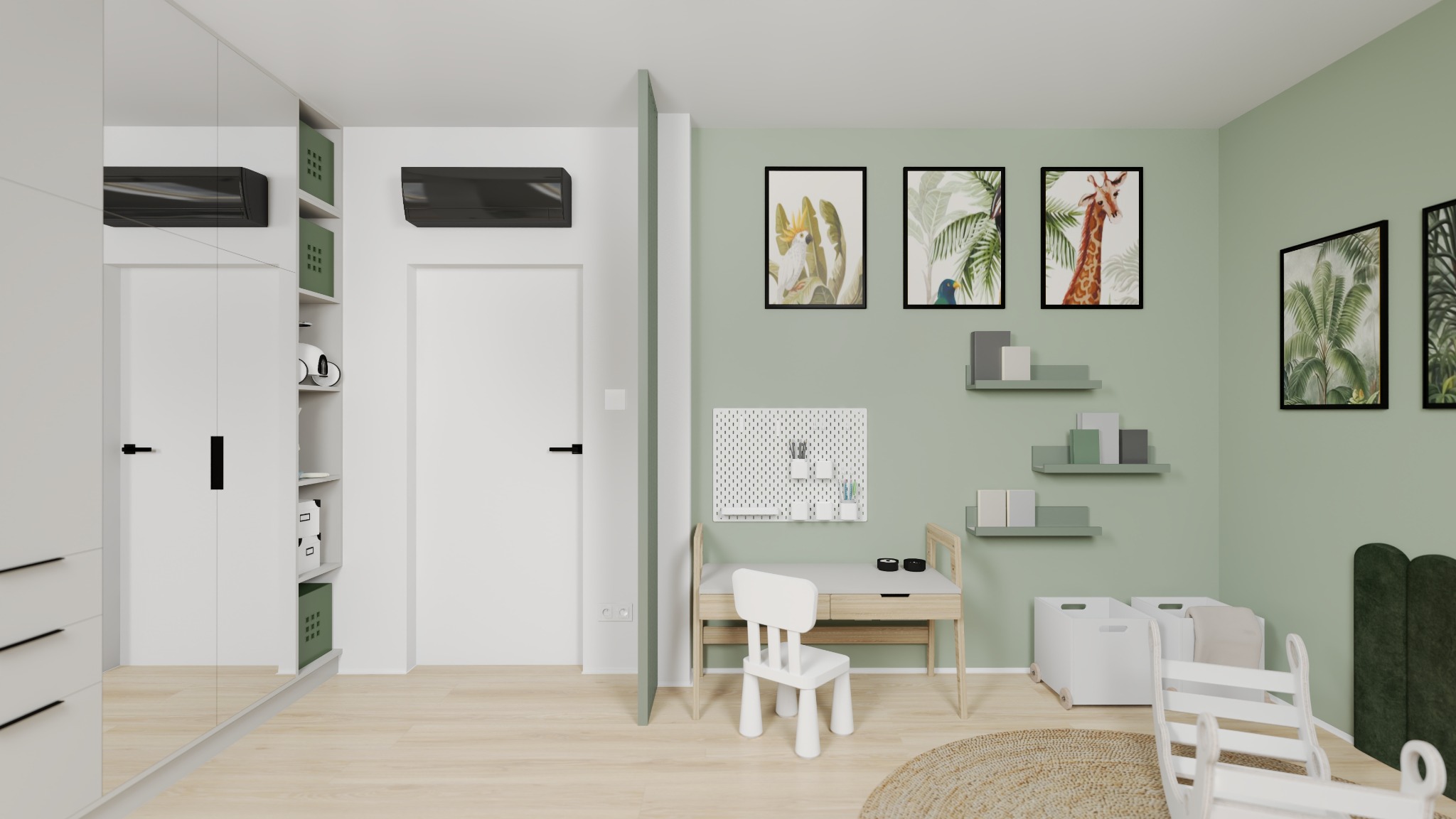 Aranżacja pokoju dziecięcego w odcieniach zieleni i bieli: biurko, krzesło, szafa z lustrem, dekoracje ścienne z motywami zwierzęcymi, dywan z juty.