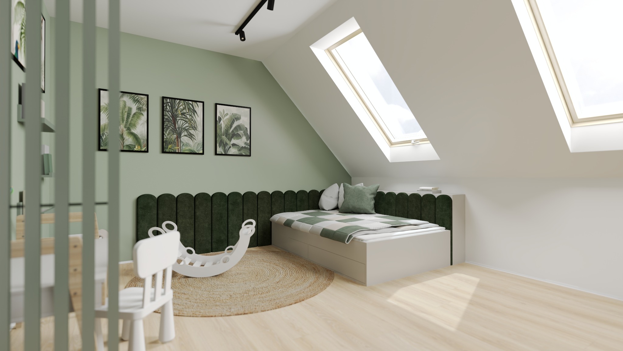 Pokój dziecięcy na poddaszu w odcieniach zieleni, z łóżkiem, dywanem i zabawkami. Na ścianie grafiki z motywami roślinnymi. Dwa okna dachowe wpuszczają naturalne światło.