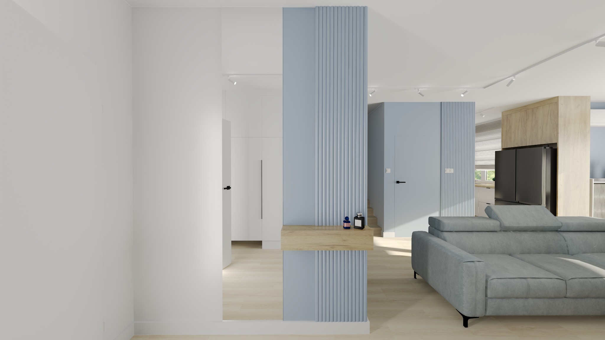 Projekt nowoczesnej strefy dziennej z niebieskimi akcentami.