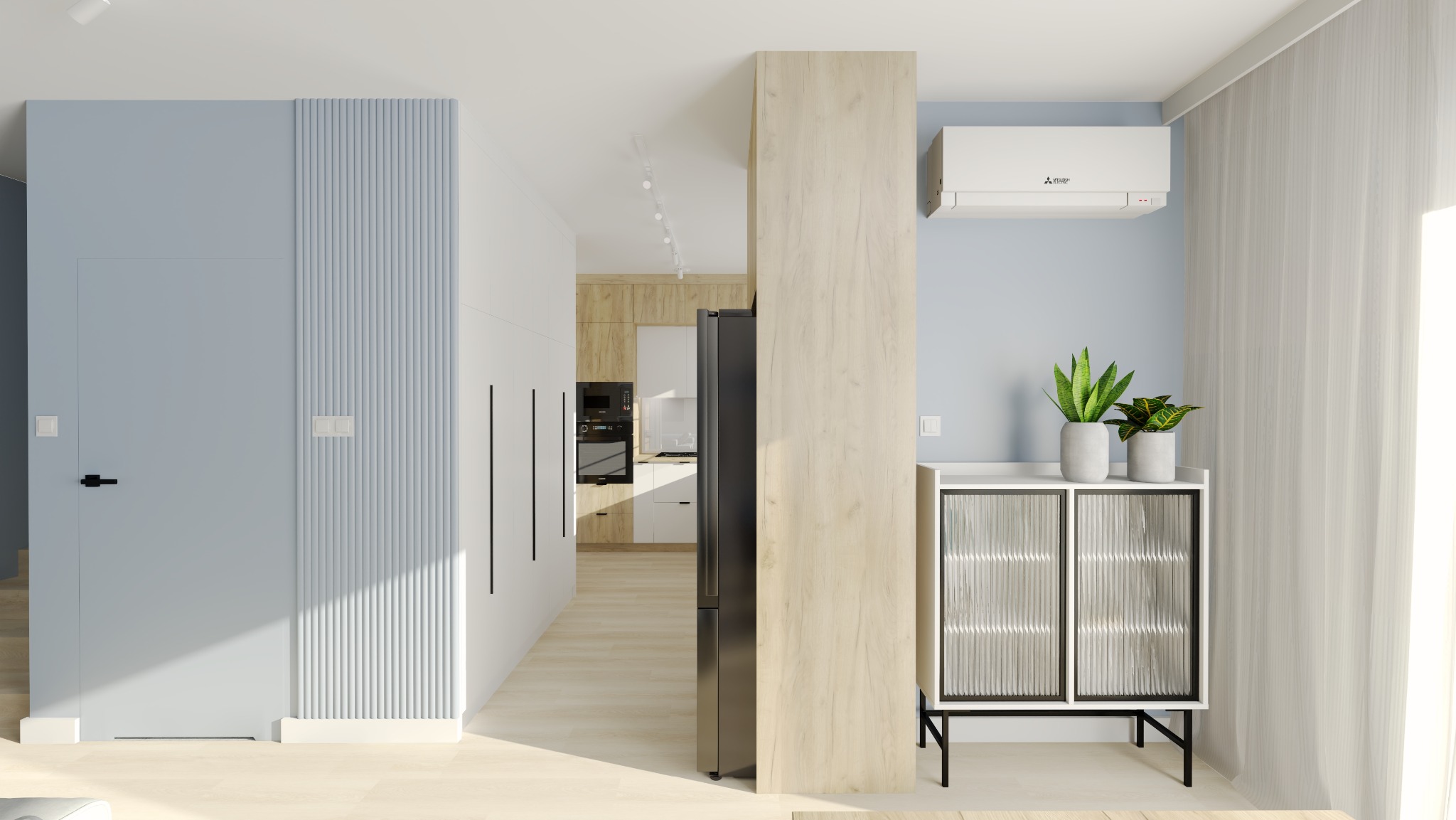 Wnętrze mieszkania z błękitną ścianą, ryflowanymi panelami, szafką z roślinami i widokiem na kuchnię. Minimalistyczny design, naturalne światło.