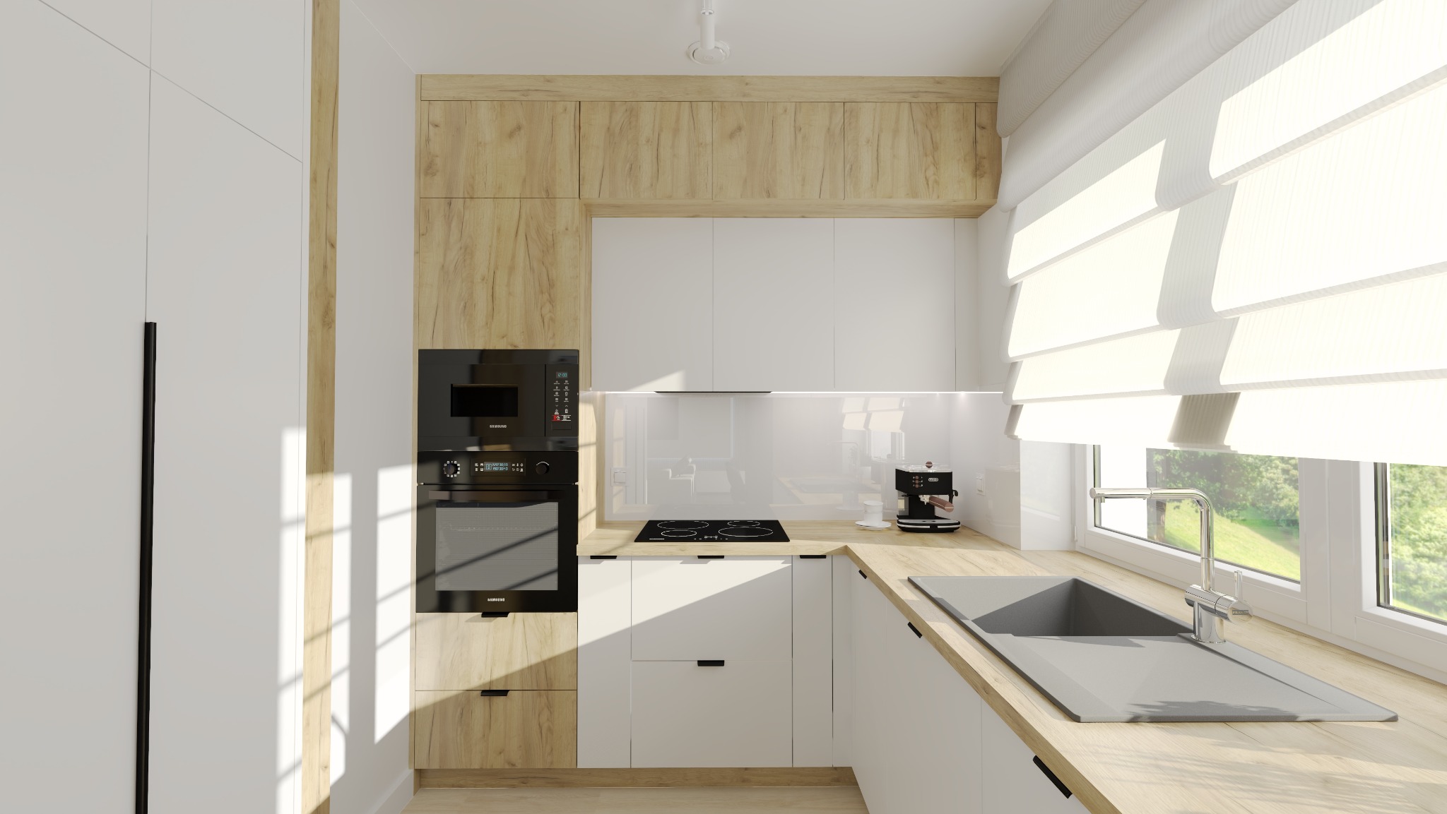 Jasna kuchnia w stylu skandynawskim: białe szafki, drewniane akcenty, okno z roletami rzymskimi, czarny piekarnik i płyta indukcyjna. Minimalistyczny design.