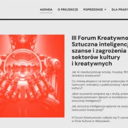 Strona internetowa forumkreatywnosci.pl z motywem sztucznej inteligencji i robotyki w kolorze czerwonym, prezentująca program konferencji.