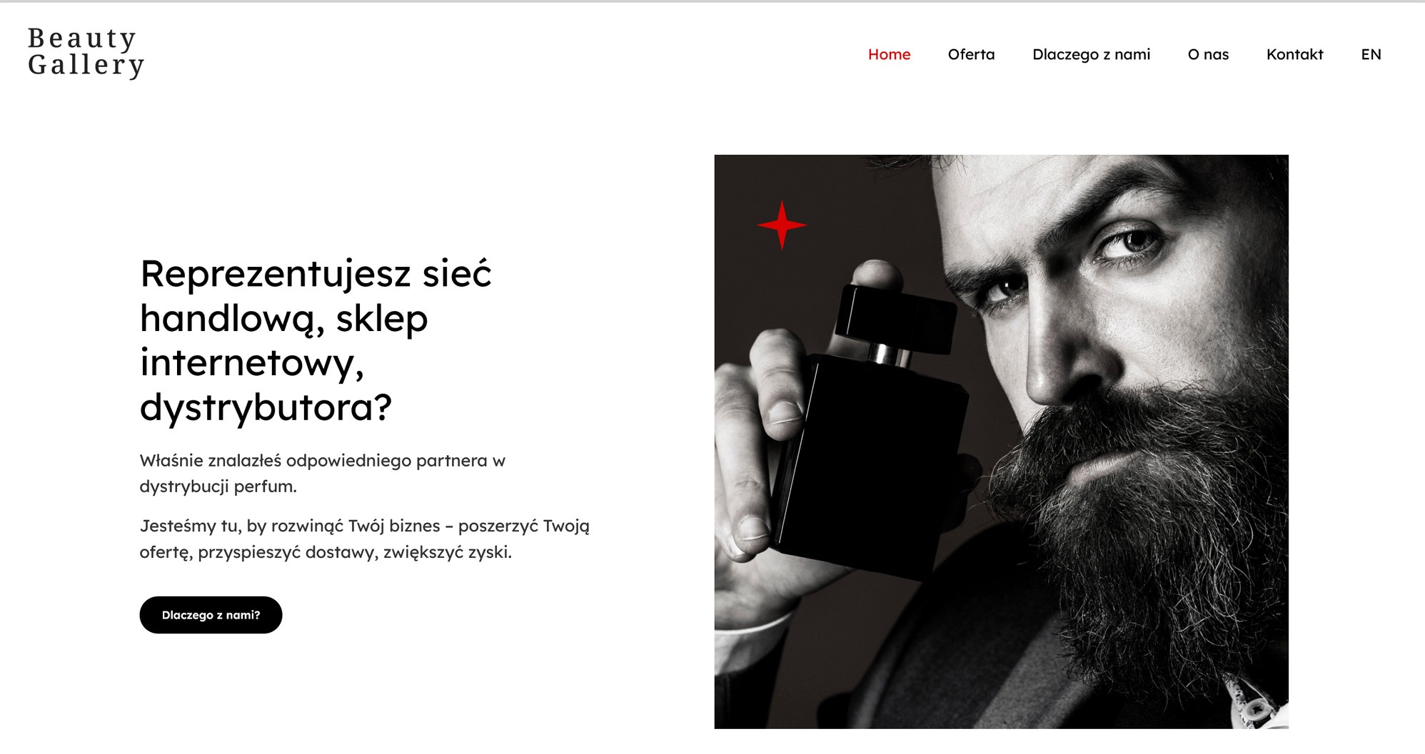 Strona internetowa Beauty Gallery dystrybutora perfum z nagłówkiem, menu i wizerunkiem brodatego mężczyzny trzymającego flakon perfum w czerni i bieli.