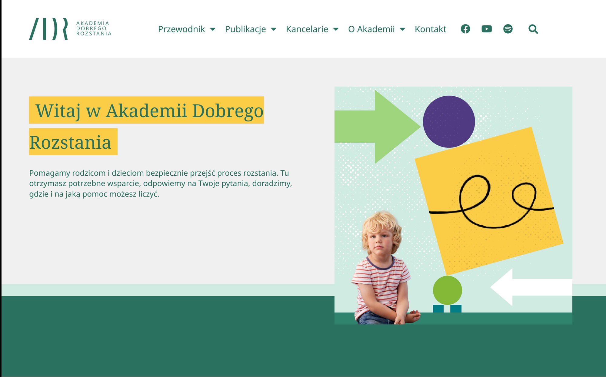 Strona internetowa Akademii Dobrego Rozstania z blond chłopcem w czerwono-białej koszulce na tle graficznych elementów, takich jak strzałki, koło i kwadrat z linią.