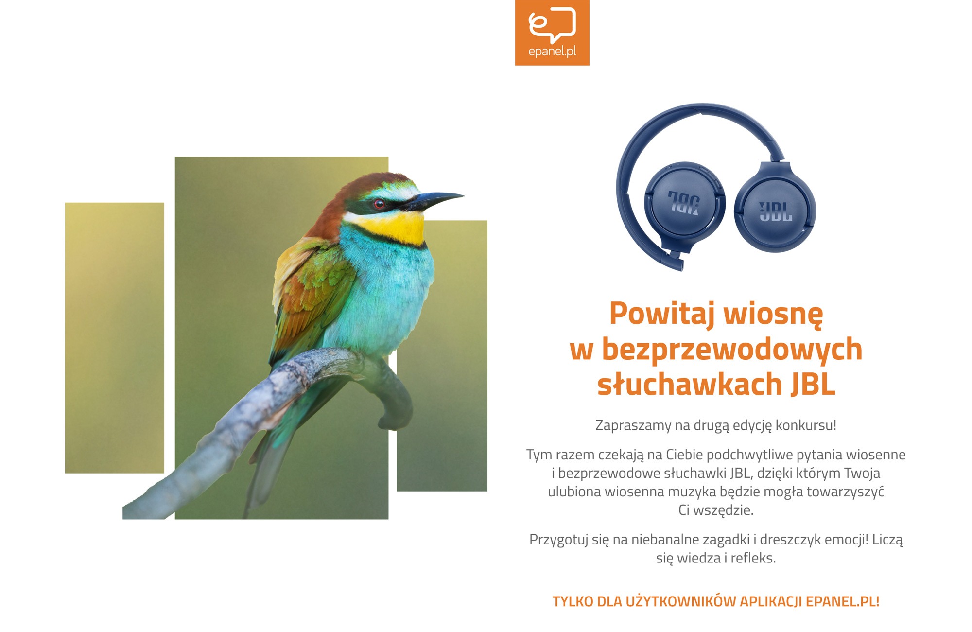 Grafika konkursowa: kolorowy ptak na gałęzi obok bezprzewodowych słuchawek JBL, zapraszająca do wiosennej edycji konkursu epanel.pl.