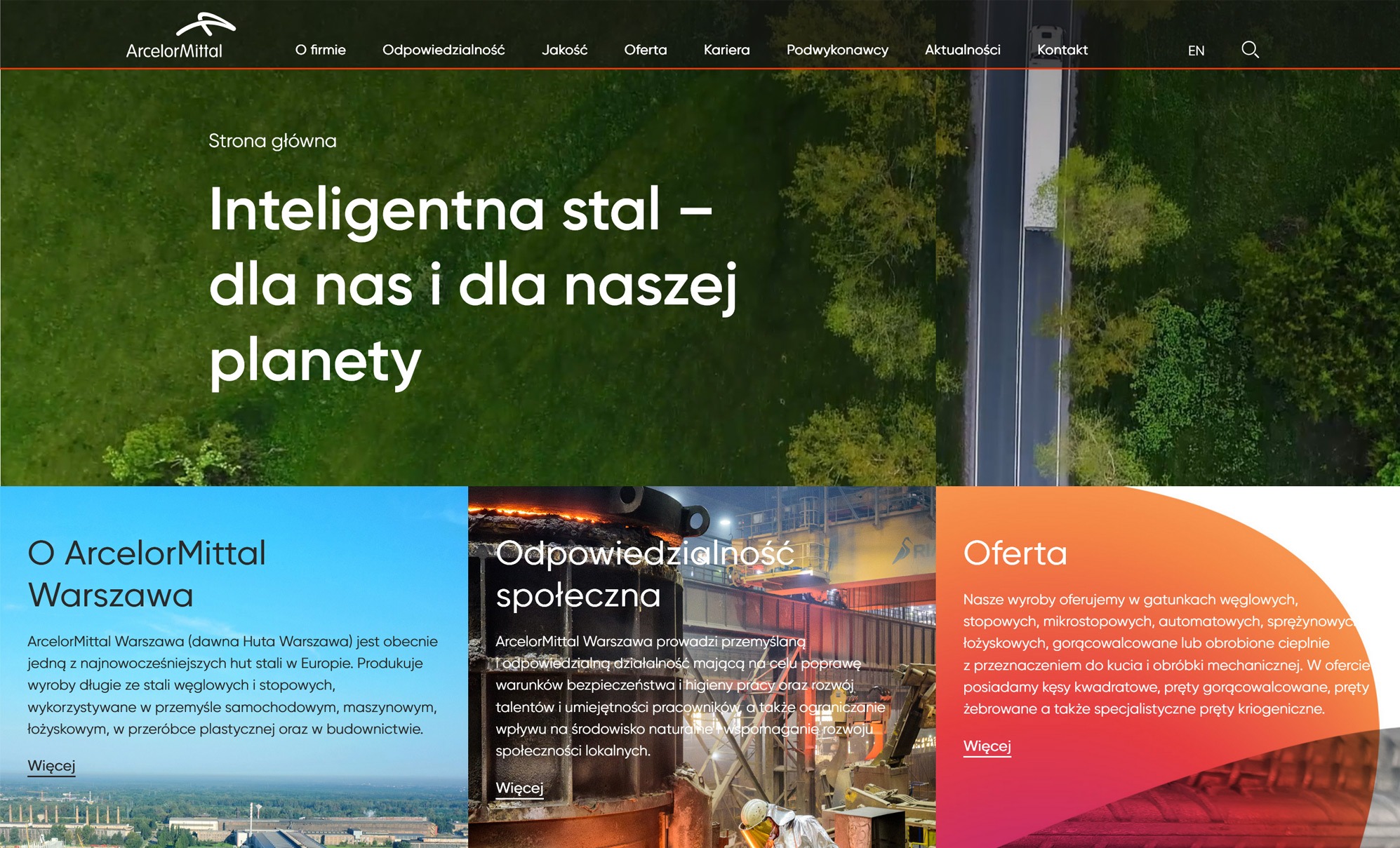 Strona główna serwisu www Huty ArcelorMittal Warszawa z hasłem 'Inteligentna stal - dla nas i dla naszej planety', prezentująca ofertę firmy oraz informacje o odpowiedzialności społecznej.