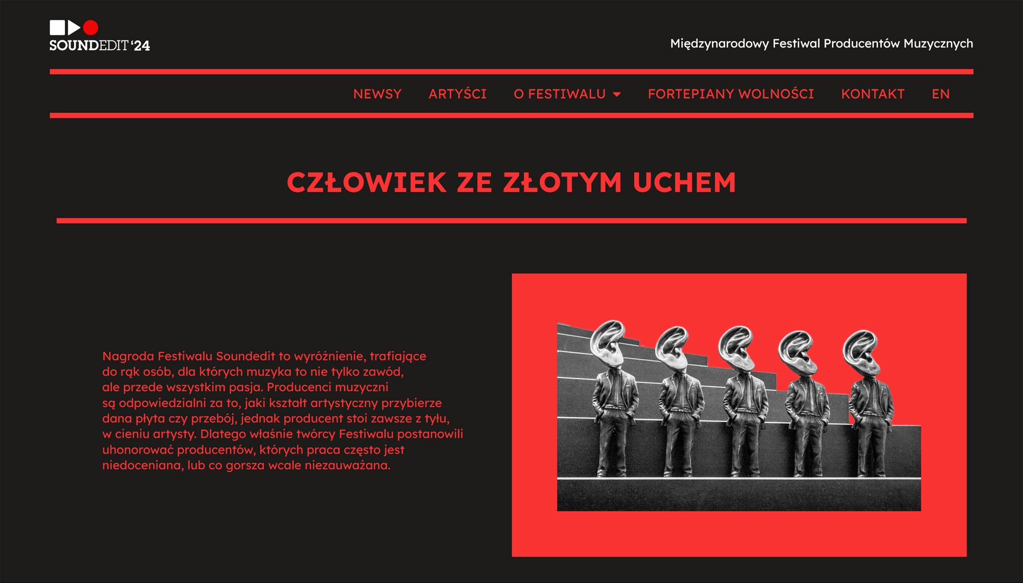 Strona internetowa Międzynarodowego Festiwalu Producentów Muzycznych Soundedit, z czarno-czerwonym motywem i grafiką przedstawiającą osoby z uszami zamiast głów, promująca nagrodę 'Człowiek ze...