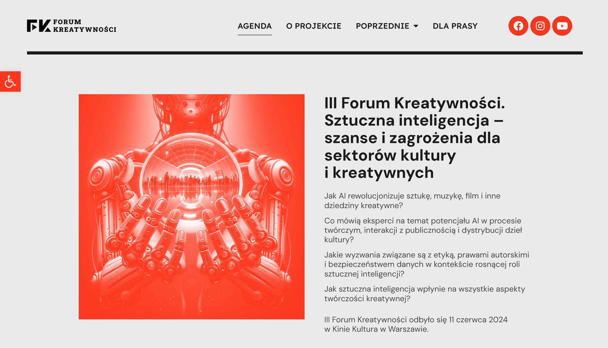 Strona internetowa forumkreatywnosci.pl z motywem sztucznej inteligencji i robotyki w kolorze czerwonym, prezentująca program konferencji.