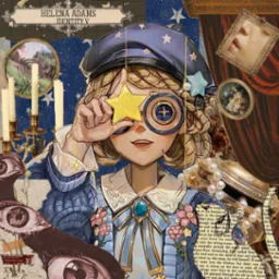 Ilustracja cyfrowa przedstawiająca postać z gry, kolaż z elementami vintage, takimi jak świeczniki, ramki, perły i fragmenty tekstu, tworząc artystyczną kompozycję.