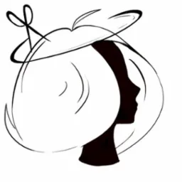 Czarno-biały szkic profilu kobiety z fryzurą, w której umieszczone są nożyczki, sugerujący logo salonu fryzjerskiego.