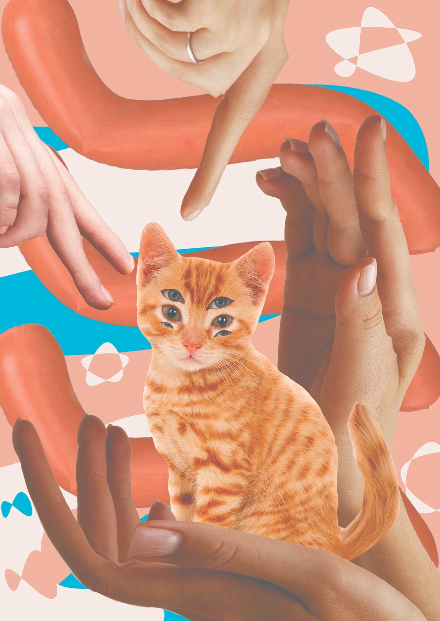 Abstrakcyjna kompozycja z pomarańczowym kotem o czterech oczach, unoszącymi się dłońmi o różnej karnacji, stylizowanymi parówkami i geometrycznymi kształtami na pastelowym tle.