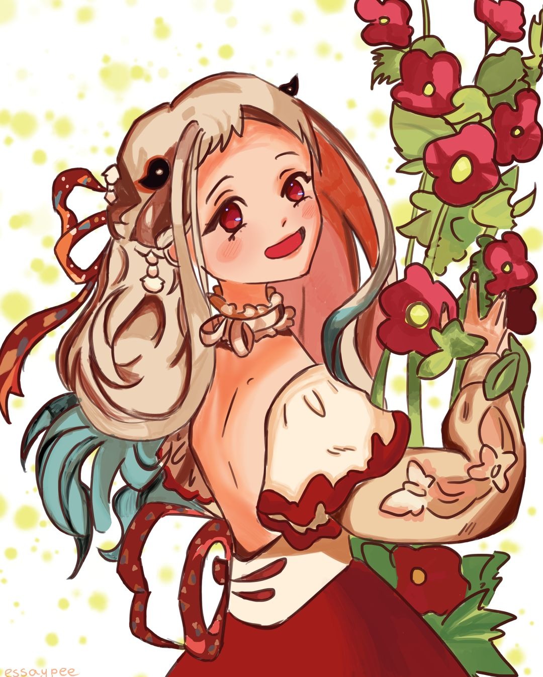 Ilustracja cyfrowa przedstawiająca uśmiechniętą dziewczynę w stylu anime z czerwonymi kwiatami i żółtymi plamkami w tle.