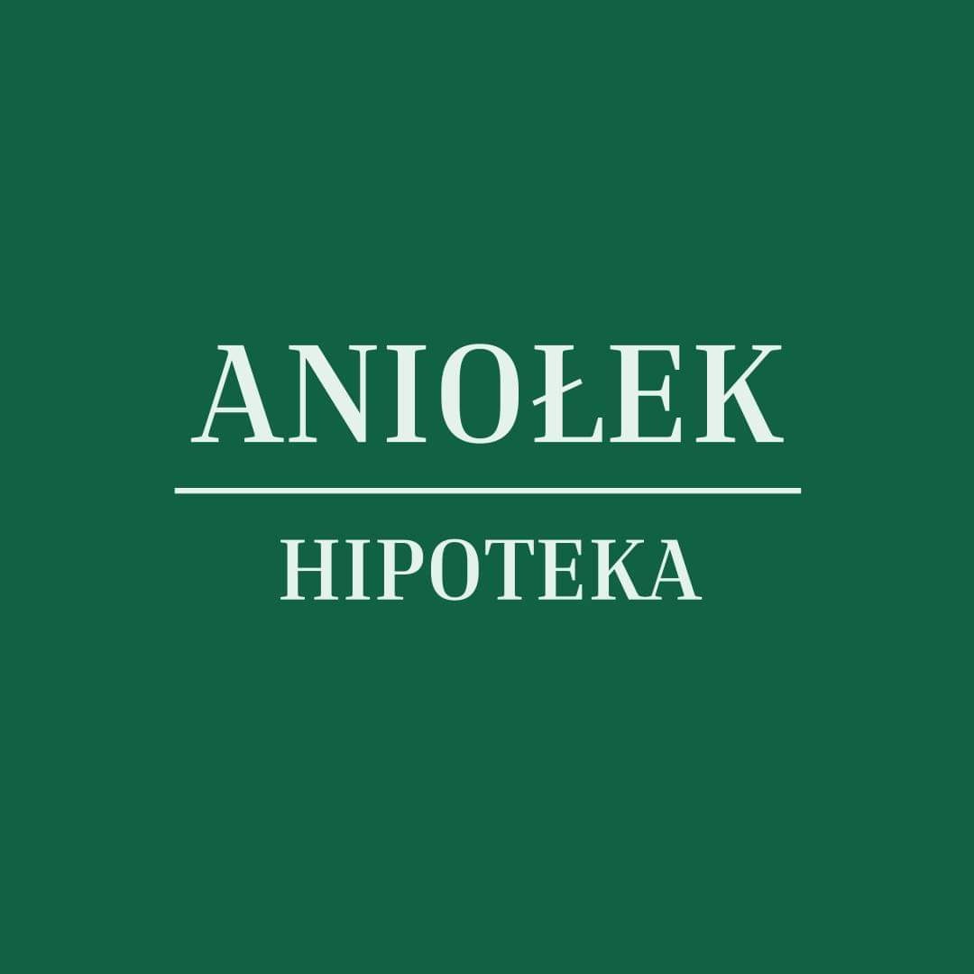 Logo firmy 'Aniołek Hipoteka' na ciemnozielonym tle, biały napis z poziomą linią oddzielającą nazwę firmy od słowa 'Hipoteka'.