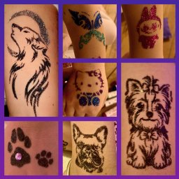 Krainy Wyobraźni Wiktoria Dziewulska - Kolaż brokatowych tatuaży na skórze: wilk wyjący do księżyca, motyl, postać z kreskówki, Hello Kitty, psia łapa z klejnotem, buldog francuski i york.