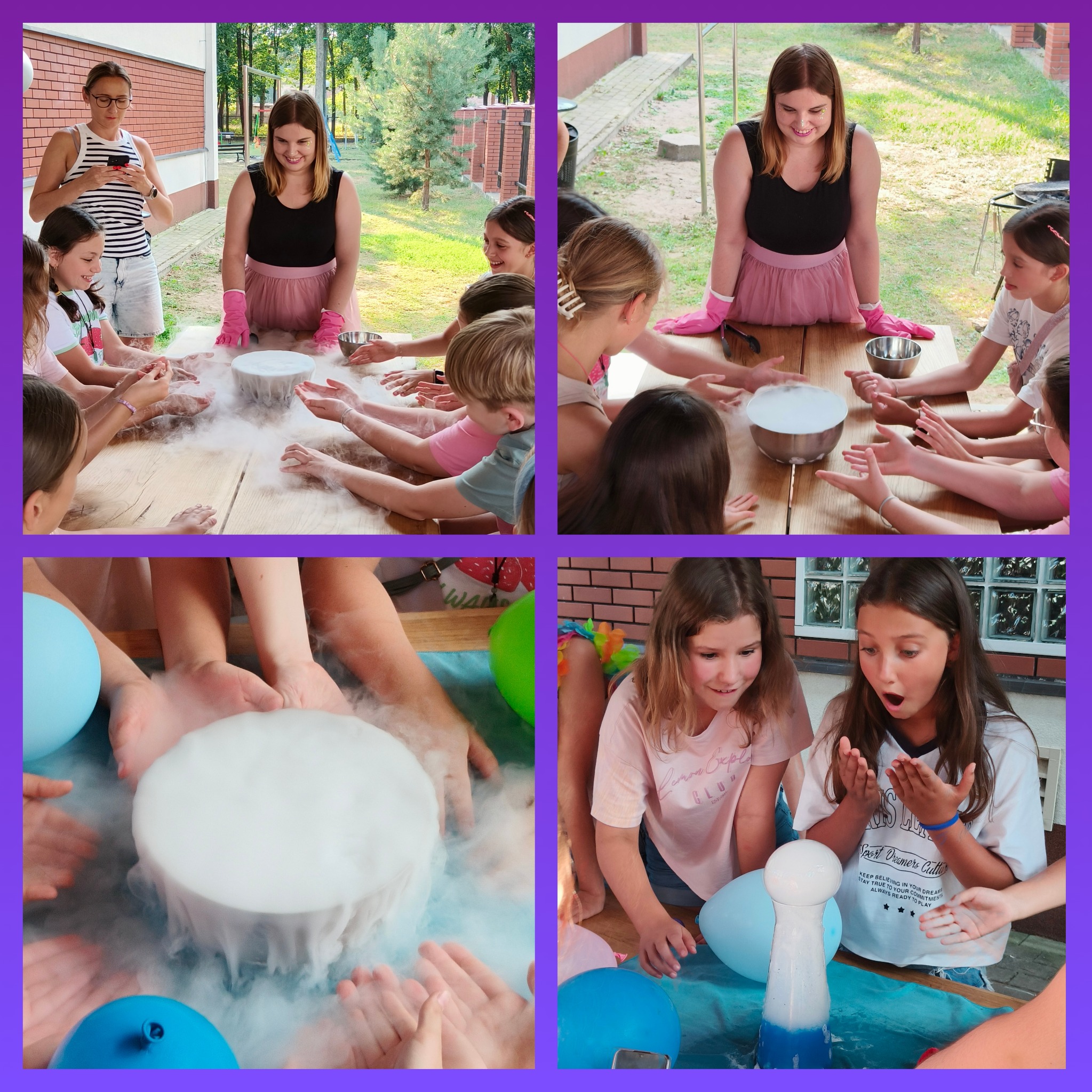 Animator w różowych rękawicach prezentuje eksperyment z suchym lodem dla grupy dzieci, tworząc efektowną mgłę przy drewnianym stole.