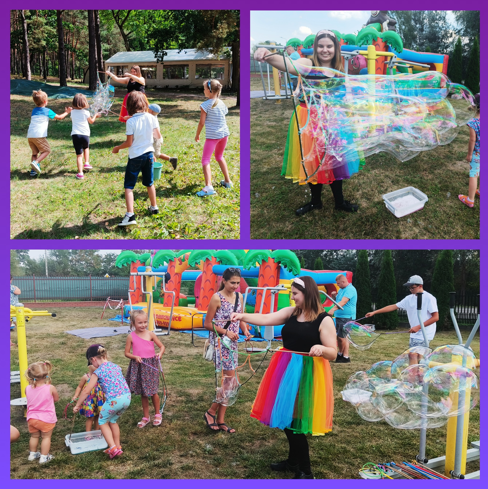 Kolaż zdjęć przedstawiających tworzenie baniek mydlanych dla dzieci na świeżym powietrzu, z osobą dorosłą w tęczowej spódnicy używającą specjalnych narzędzi do robienia dużych baniek.