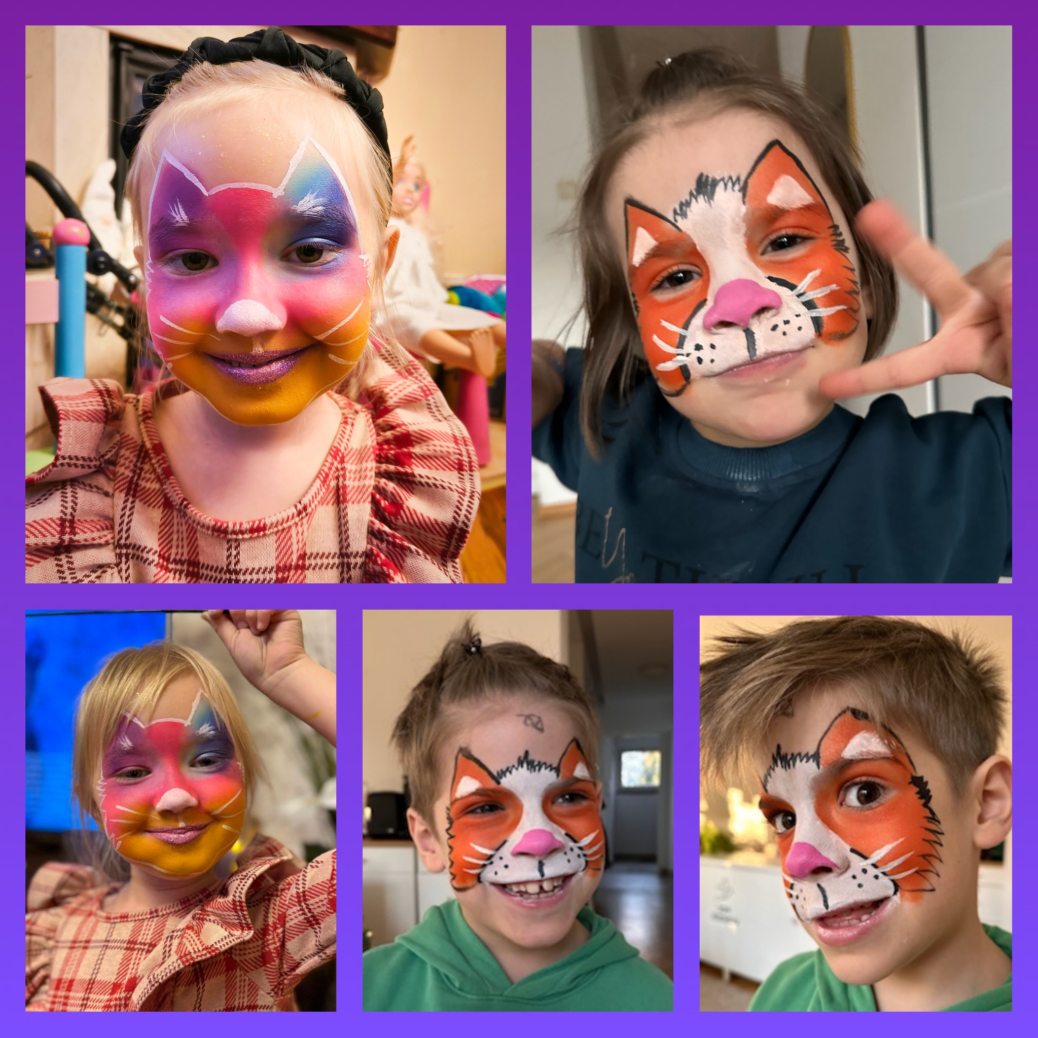 Kolaż zdjęć dzieci z pomalowanymi twarzami w motywy zwierzęce, w tym tęczowy kot i lis z różowym noskiem.