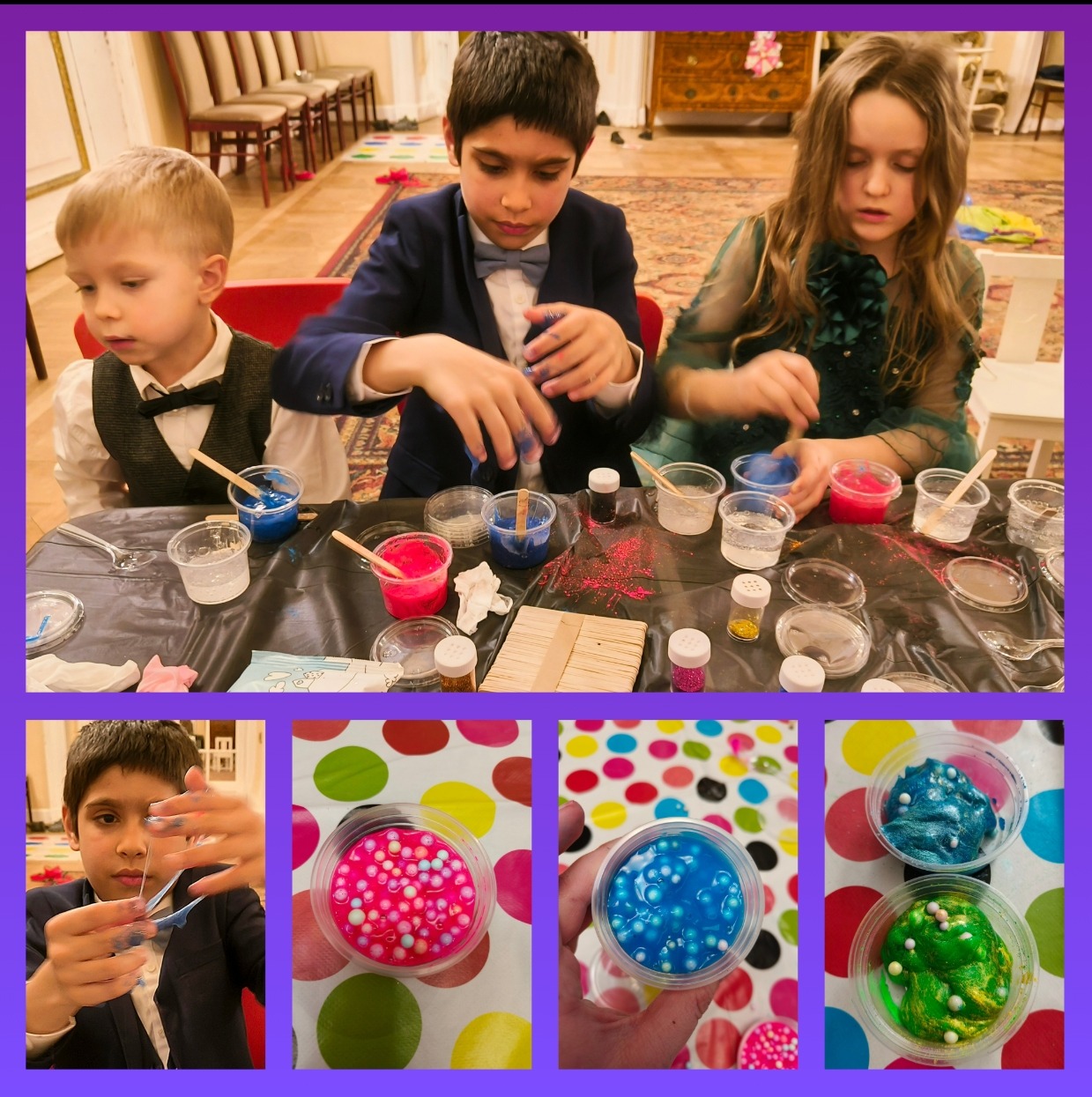 Troje dzieci w strojach galowych miesza kolorowe składniki w plastikowych pojemnikach, tworząc slime na czarnym stole, dodatkowe ujęcia gotowych slime z kolorowymi kuleczkami.