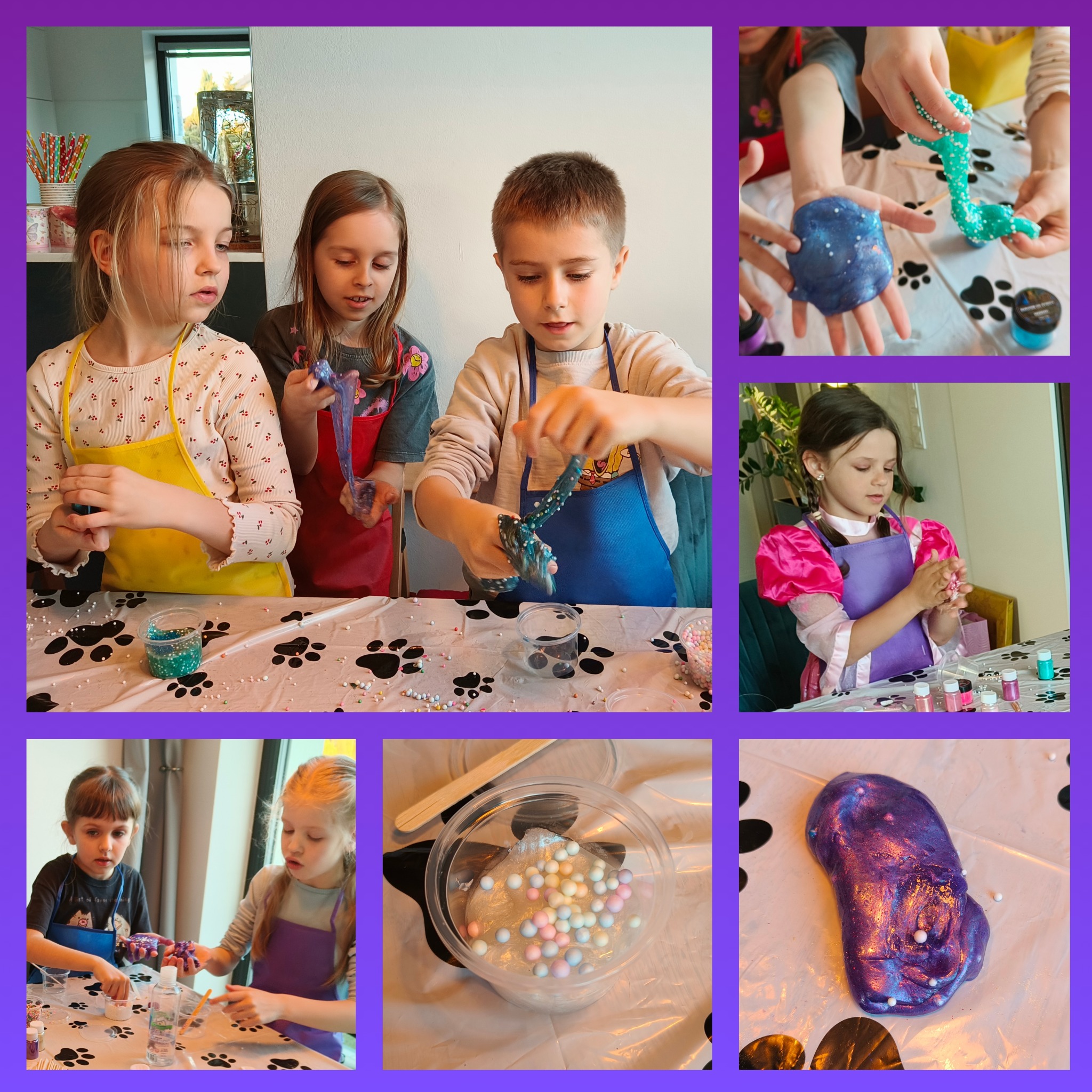 Dzieci w fartuchach, tworzące brokatowy slime na stole z motywem łap, używając różnych kolorowych dodatków i pojemników.