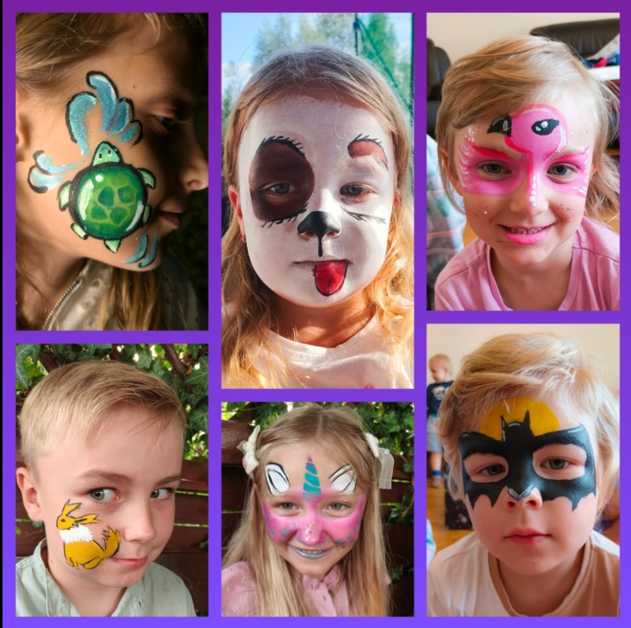 Kolaż zdjęć dzieci z pomalowanymi twarzami: żółw, pies, flaming, Pikachu, jednorożec, batman. Różnorodne wzory i kolory farb na twarzach dzieci.