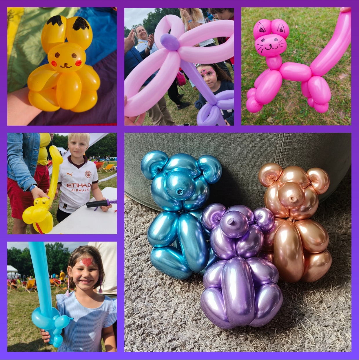Kolaż zdjęć przedstawiających różne figury z balonów: żółty Pikachu trzymany w ręce, różowy motyl i kotek, chłopiec pompujący balon w kształcie żyrafy, dziewczynka z balonowym mieczem oraz trzy...