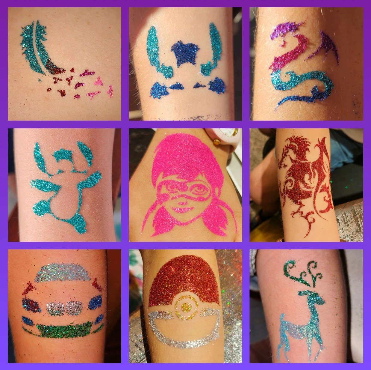 Kolaż dziewięciu zdjęć przedstawiających brokatowe tatuaże na ramionach dzieci: pióro, Stitch, smok, Ladybug, samochód, Pokeball, renifer, wykonane w różnych kolorach brokatu.