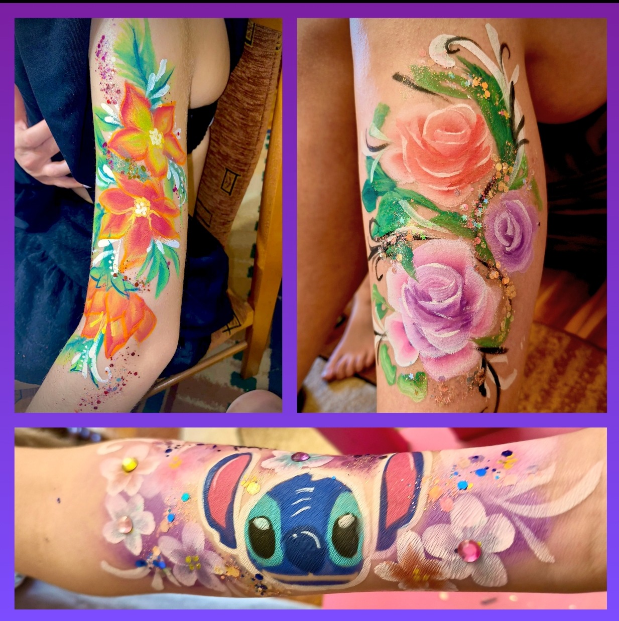 Kolaż trzech zdjęć przedstawiających malunki na ciele: na ramieniu pomarańczowe kwiaty z zielonymi liśćmi i brokatem, na nodze róże w odcieniach różu i fioletu z brokatem, na przedramieniu postać...