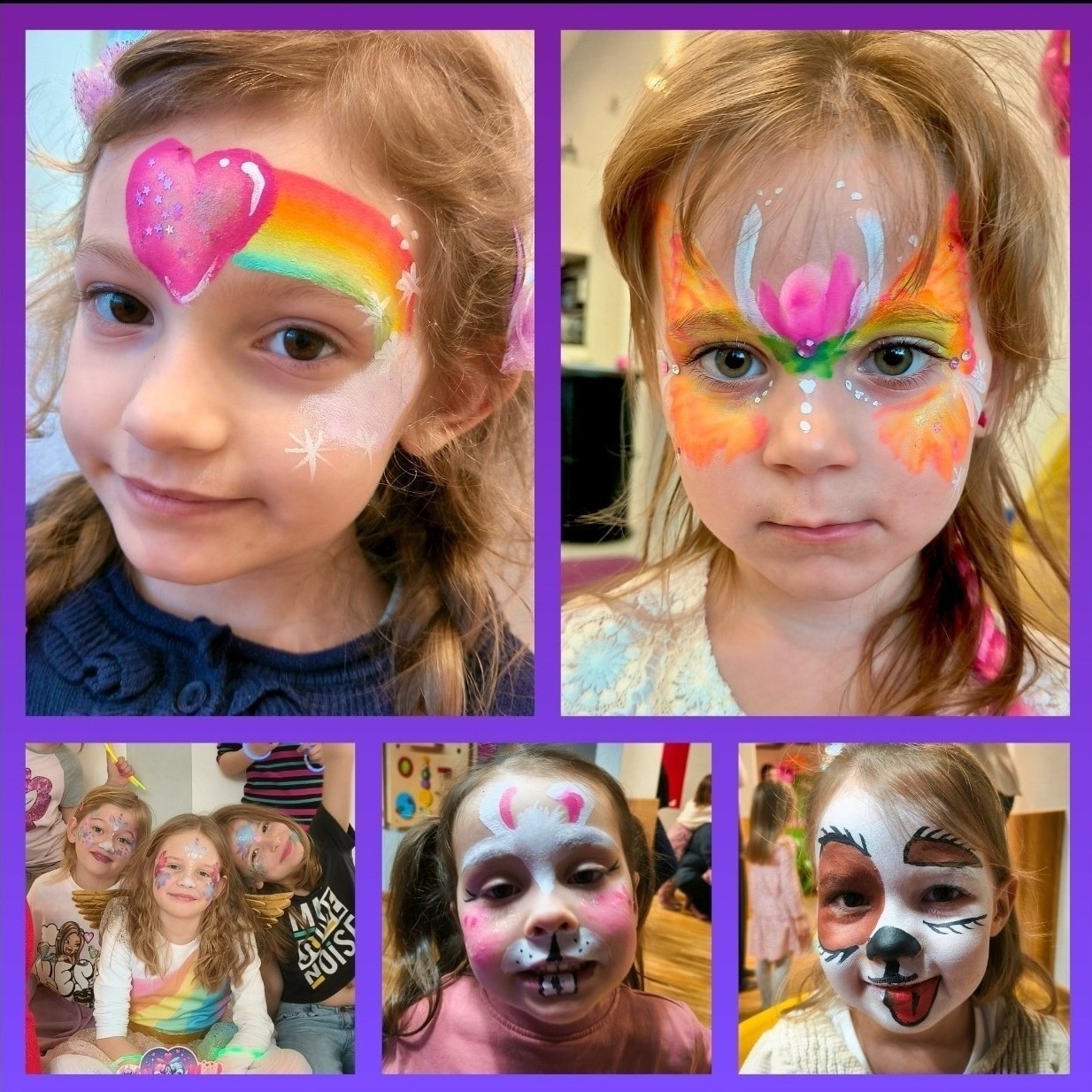 Kolaż pięciu zdjęć dzieci z pomalowanymi twarzami: tęcza z sercem, motyl, królik i piesek.
