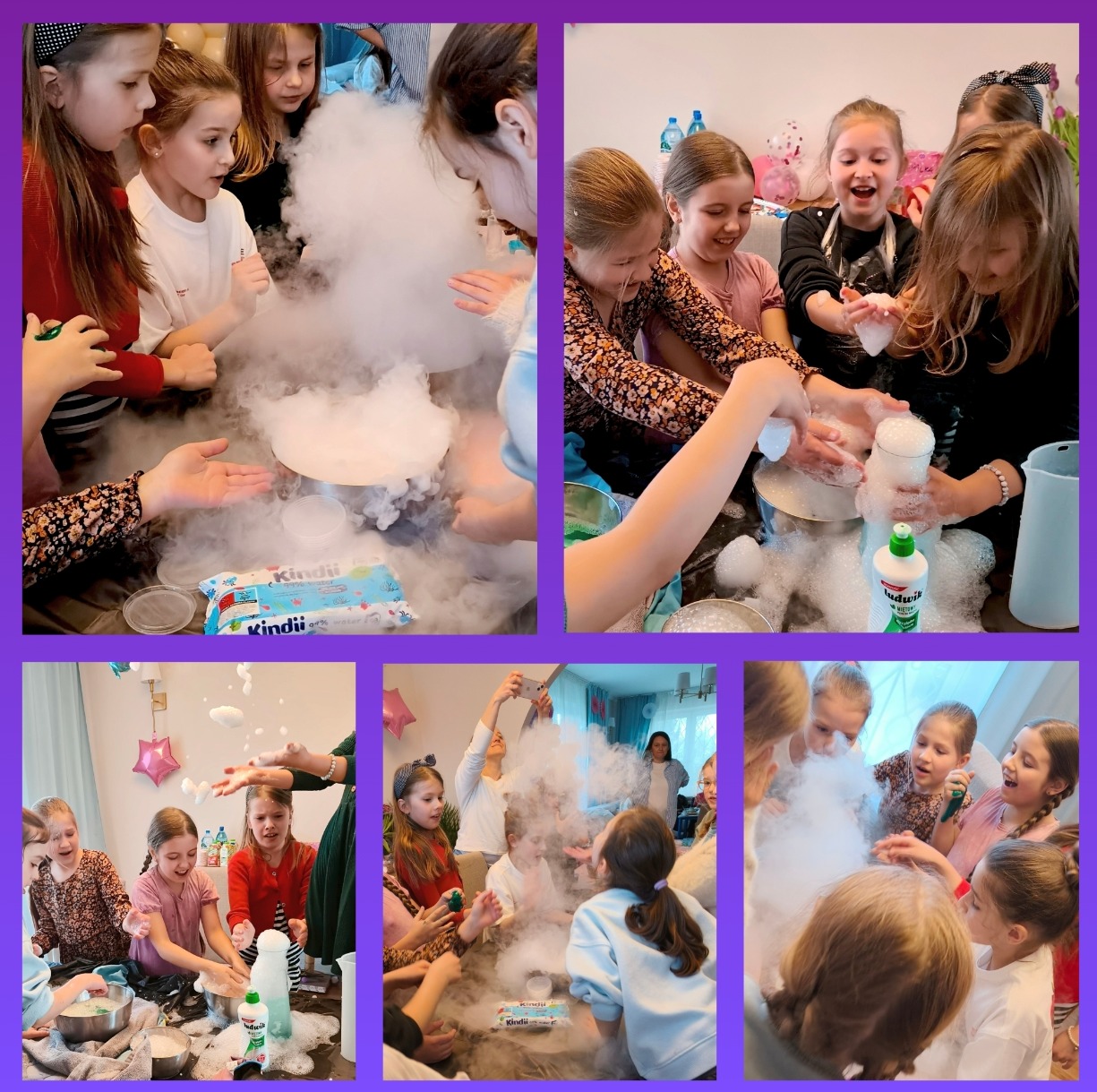 Grupa dzieci obserwuje eksperyment z suchym lodem i dymem, tworząc efekt mgły i piany podczas zabawy.