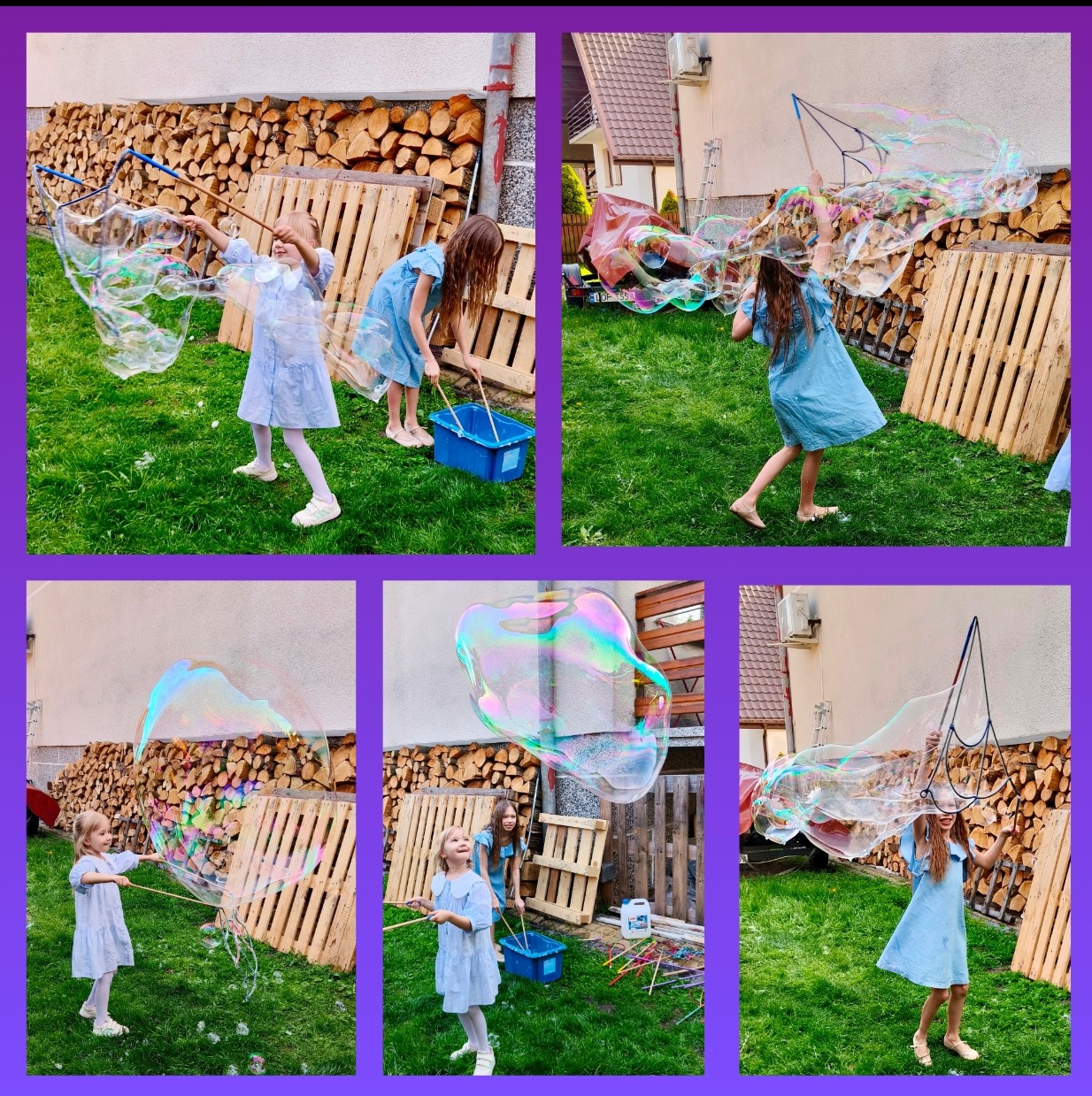 Montaż kolażu przedstawiającego dziewczynki w błękitnych sukienkach puszczające ogromne bańki mydlane na trawniku, z drewnianym tłem i akcesoriami do baniek.