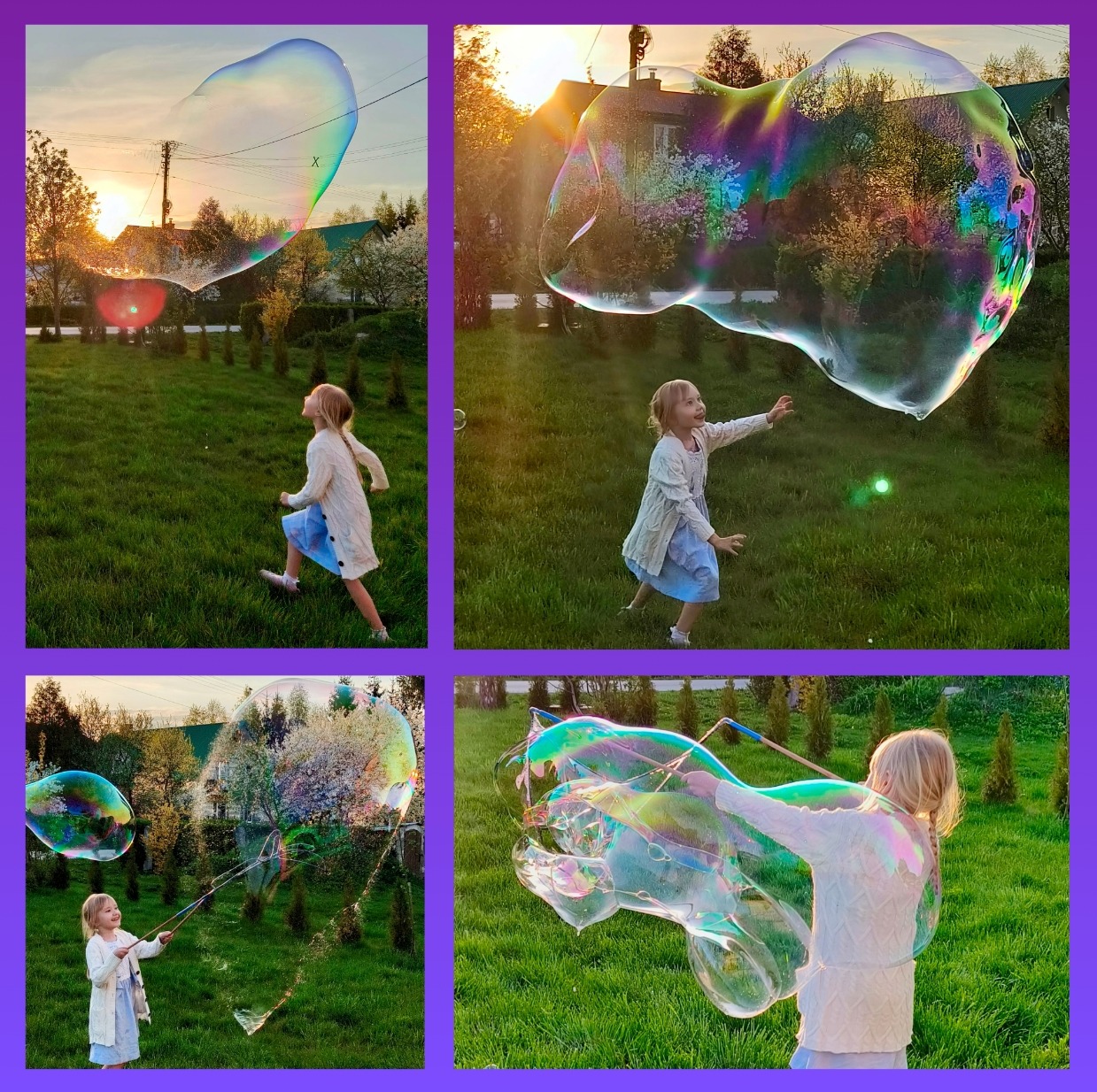 Kolaż czterech ujęć dziewczynki w białym swetrze i niebieskiej sukience bawiącej się na trawniku ogromnymi bańkami mydlanymi, z tęczowymi refleksami w słońcu.