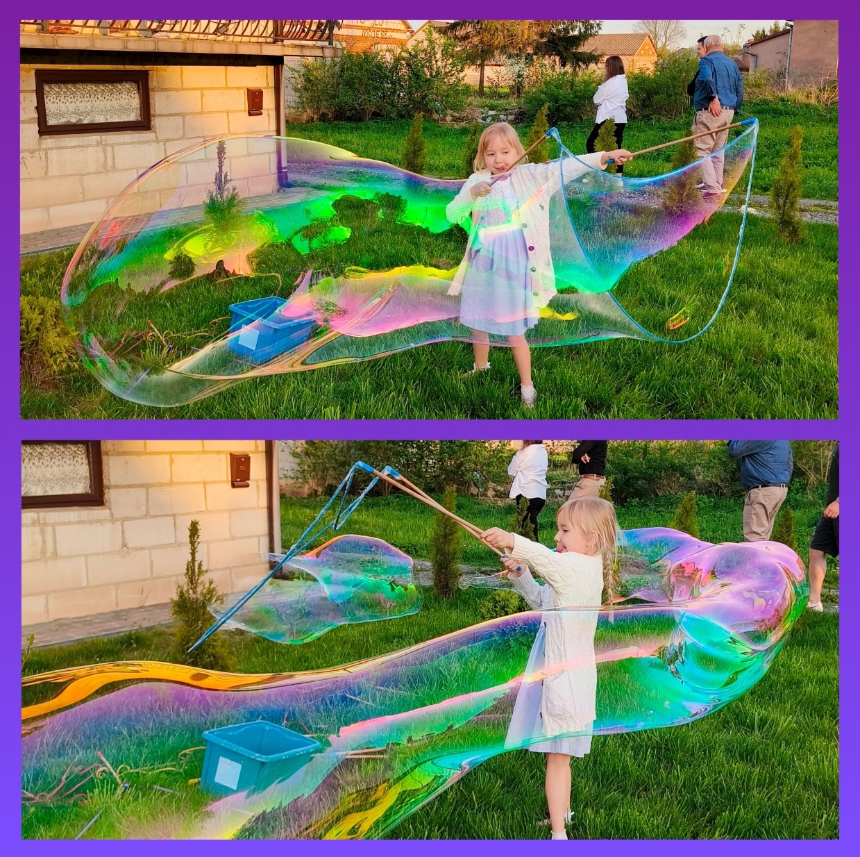 Dziewczynka w białej sukience tworzy gigantyczne, tęczowe bańki mydlane za pomocą specjalnych kijków i sznurka na trawniku przed domem podczas imprezy plenerowej.