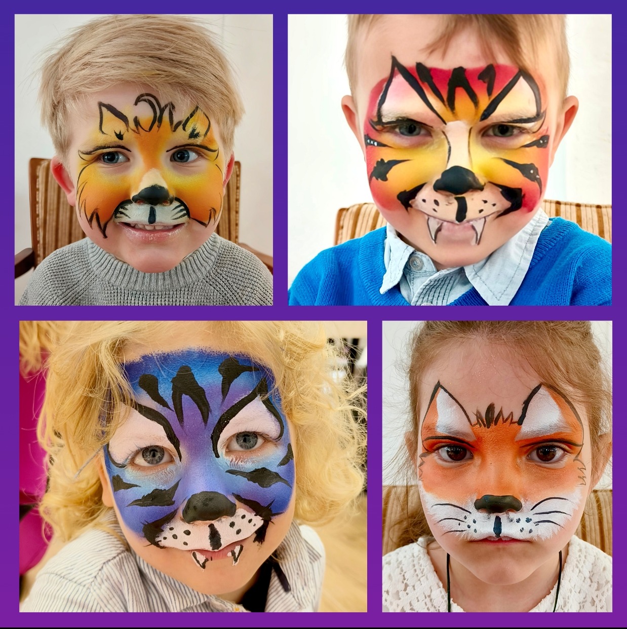 Kolaż: Cztery portrety dzieci z pomalowanymi twarzami w motywy zwierzęce: tygrys, lis w odcieniach pomarańczy, niebieski tygrys i pomarańczowy lis.