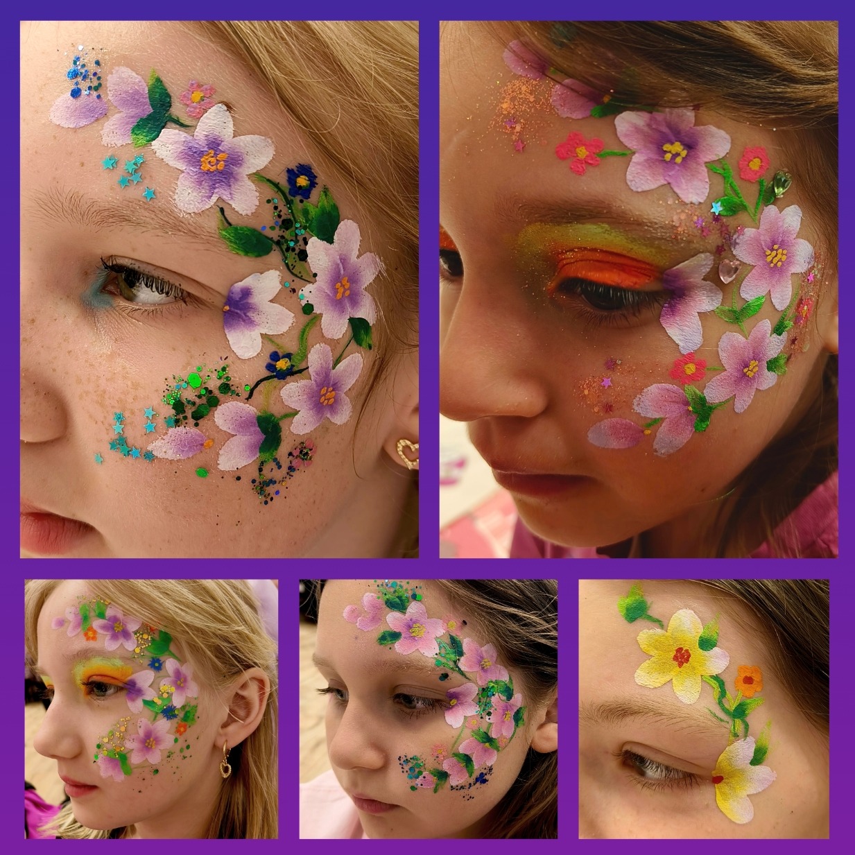 Kolaż twarzy dzieci z artystycznym makijażem: kwiaty, brokat, różnorodne kolory. Kreatywne malowanie twarzy na imprezę.