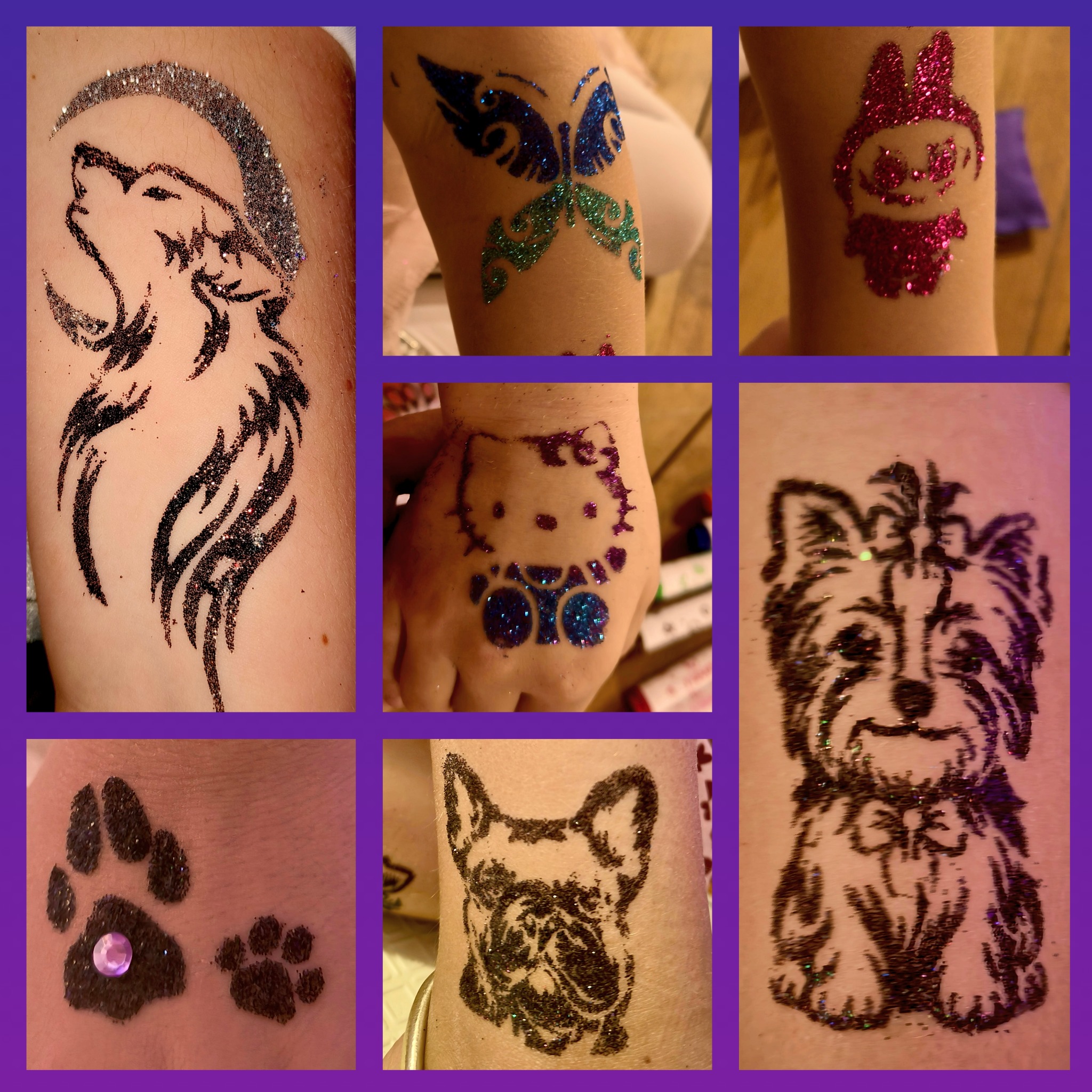 Kolaż brokatowych tatuaży na skórze: wilk wyjący do księżyca, motyl, postać z kreskówki, Hello Kitty, psia łapa z klejnotem, buldog francuski i york.