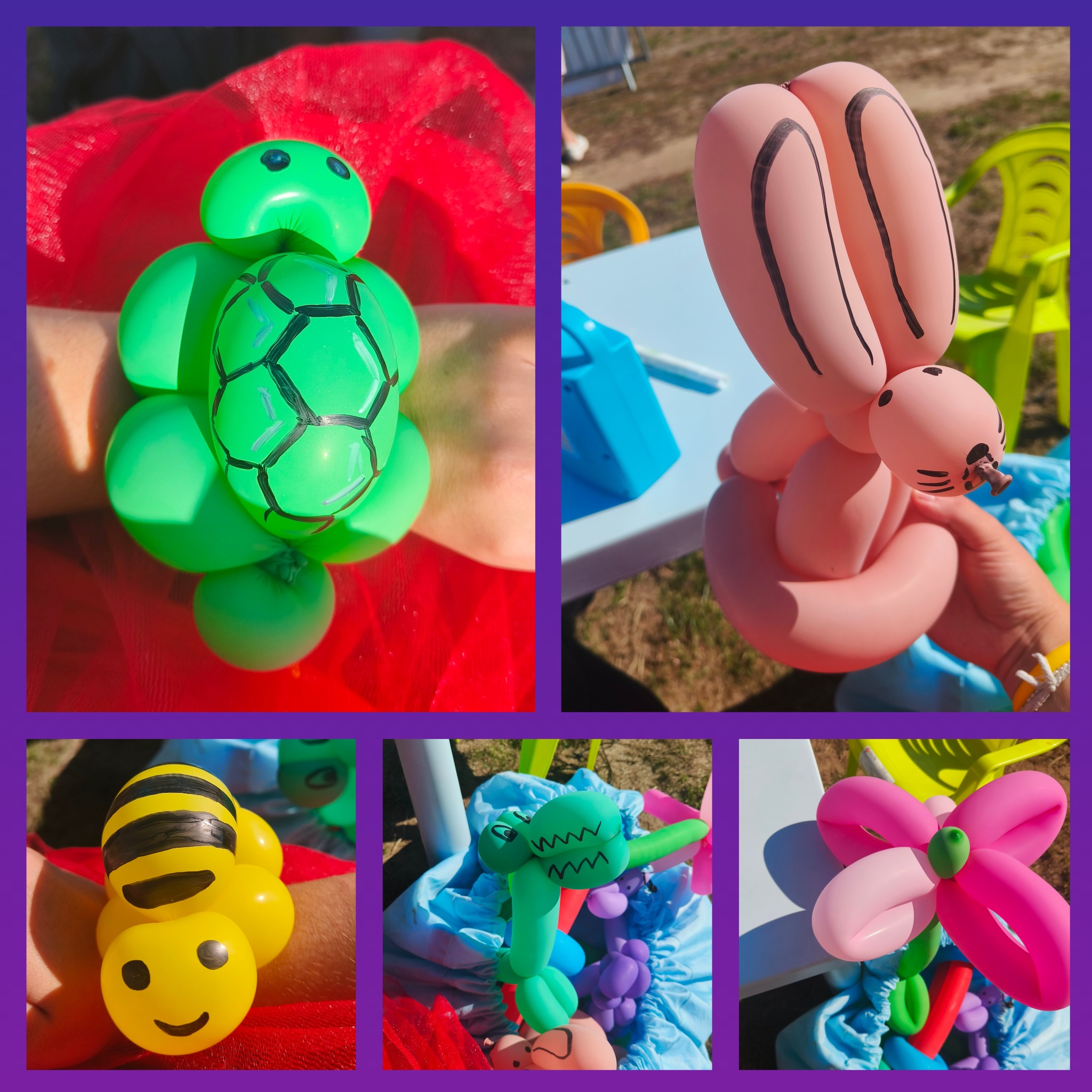 Kreatywne figurki z balonów: żółw na nadgarstku, królik, pszczoła, krokodyl i kwiat. Różnorodne kształty i kolory, idealne na imprezy dla dzieci.