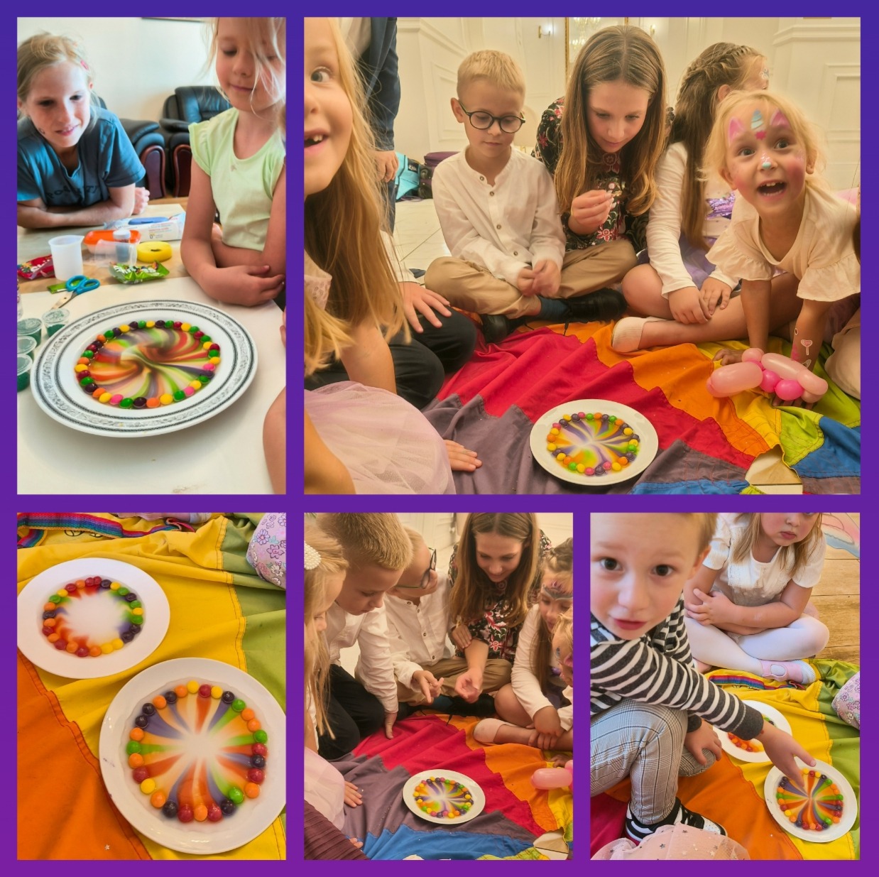 Dzieci siedzą na podłodze, otoczone kolorowymi rekwizytami, wykonując eksperyment z cukierkami na talerzach, tworząc tęczowe wzory podczas animacji.