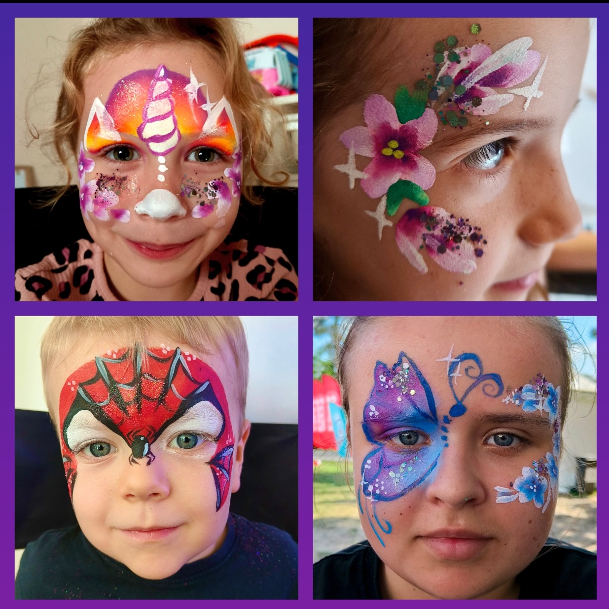 Kolaż czterech zbliżeń twarzy dzieci z artystycznym makijażem: jednorożec, kwiaty, Spider-Man i motyl. Kreatywne malowanie twarzy na imprezy dla dzieci.